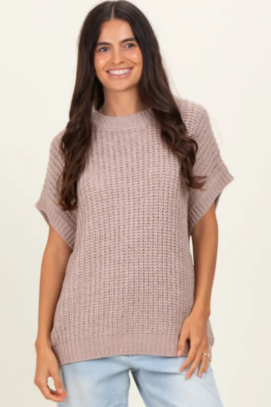 Taupe Short Sleeve Round Neck Sweater sold by Pinkblush