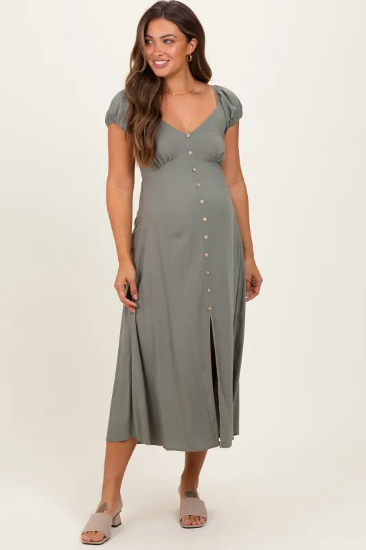 Olive Button Accent Front Slit Maternity Midi Dress sold by Pinkblush