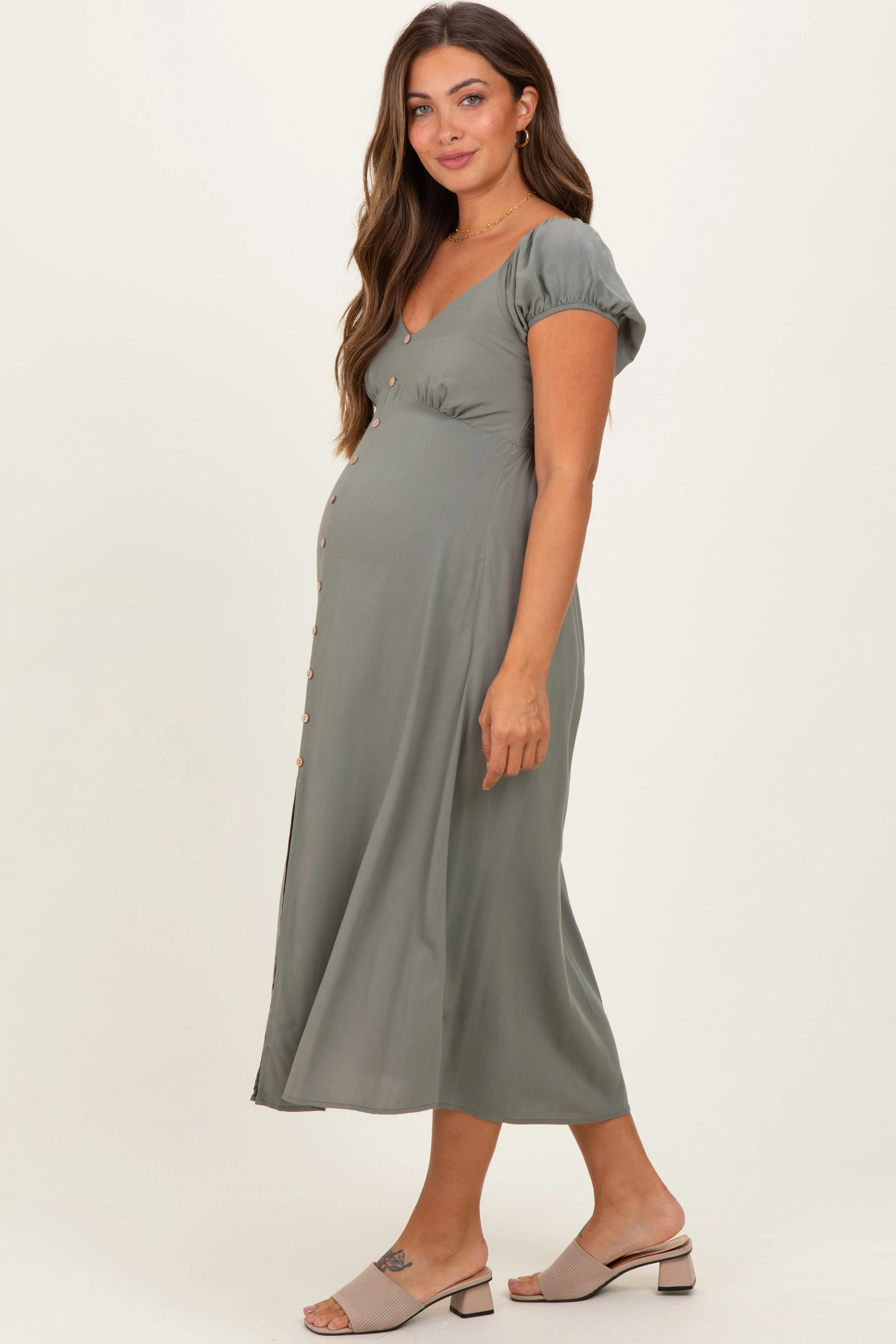Olive Button Accent Front Slit Maternity Midi Dress sold by Pinkblush product image thumbnail 3
