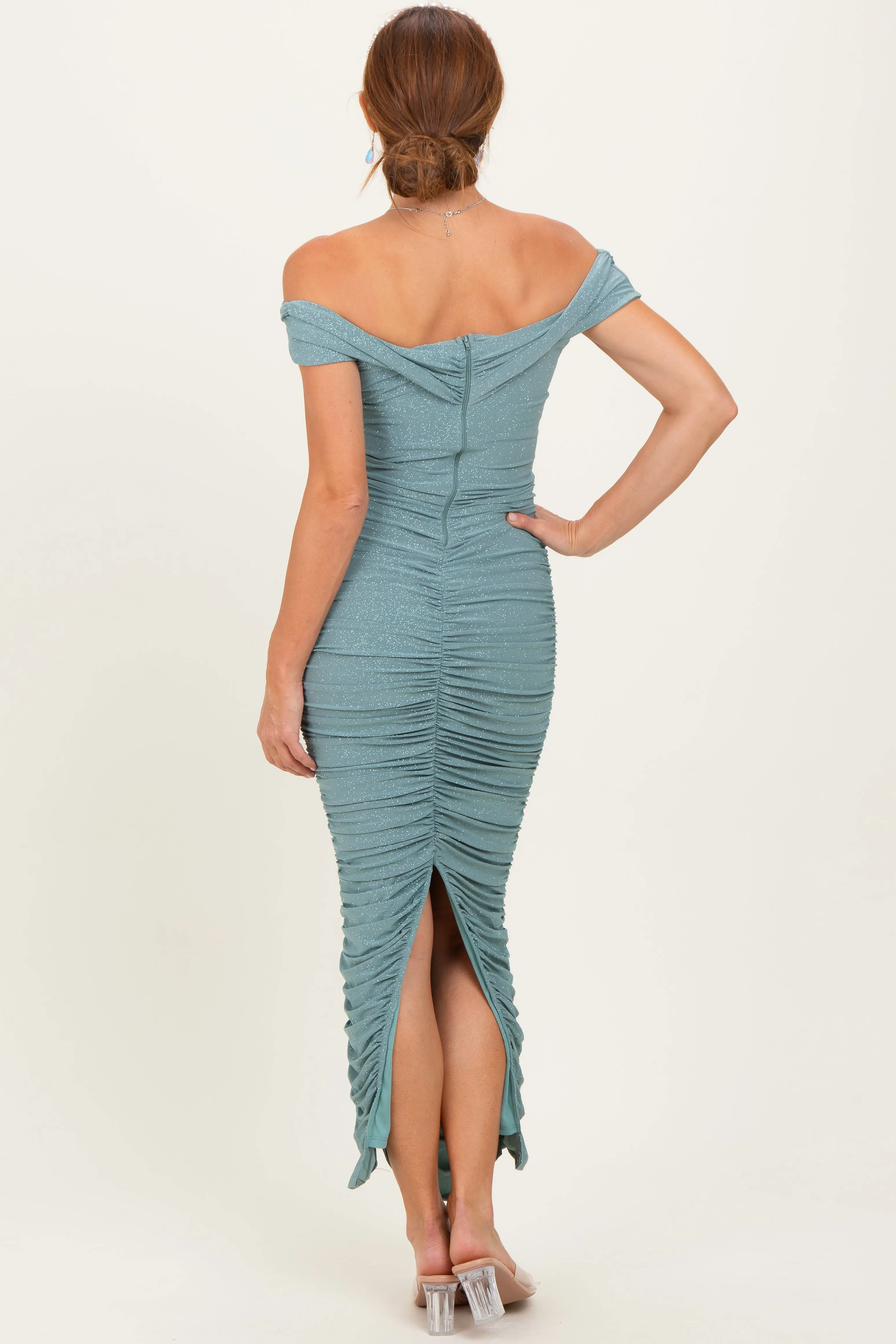 Light Olive Glitter Ruched Off Shoulder Midi Dress sold by Pinkblush product image thumbnail 3