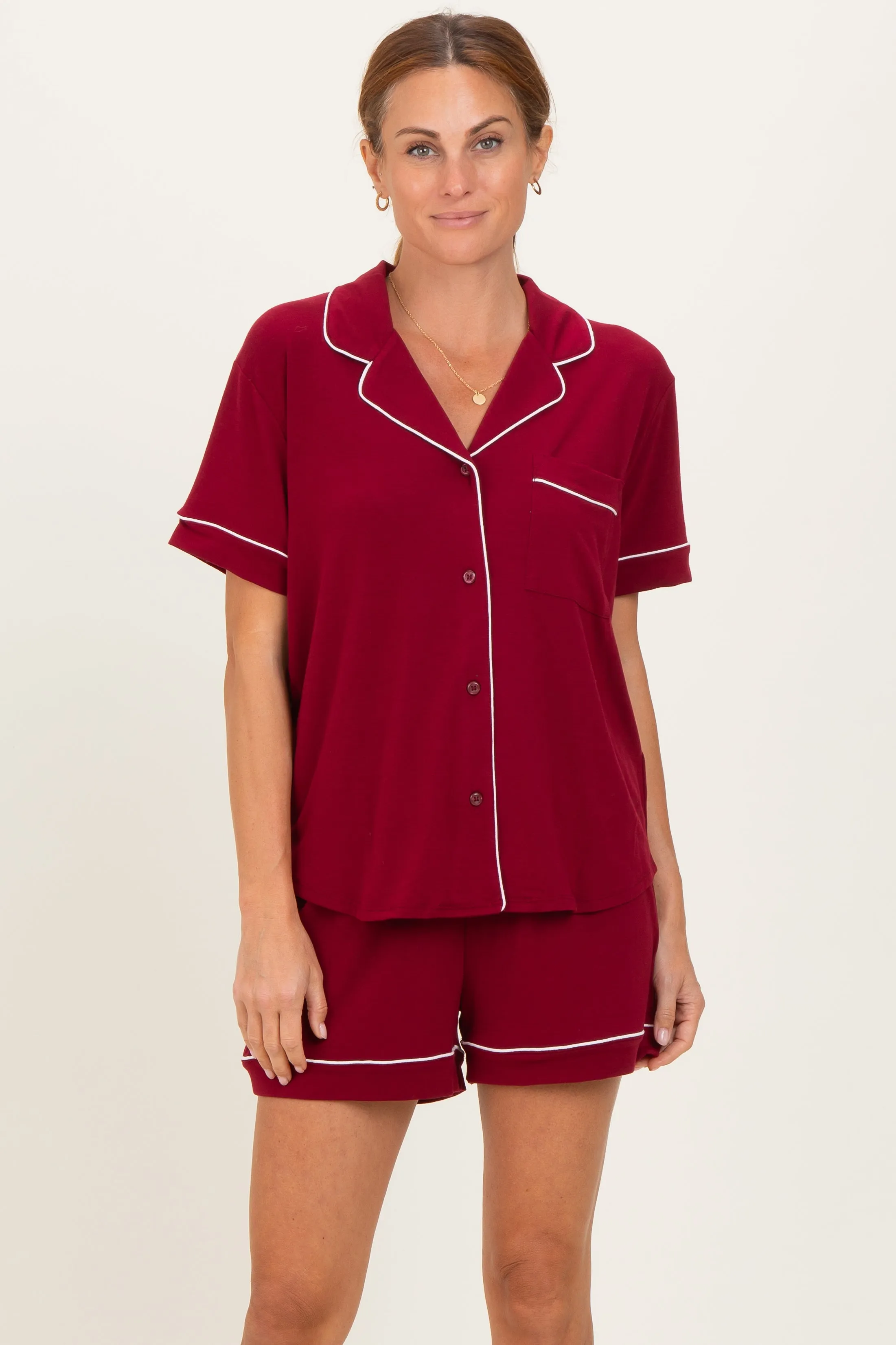 Burgundy Short Sleeve Button Down Shirt Shorts Set sold by Pinkblush