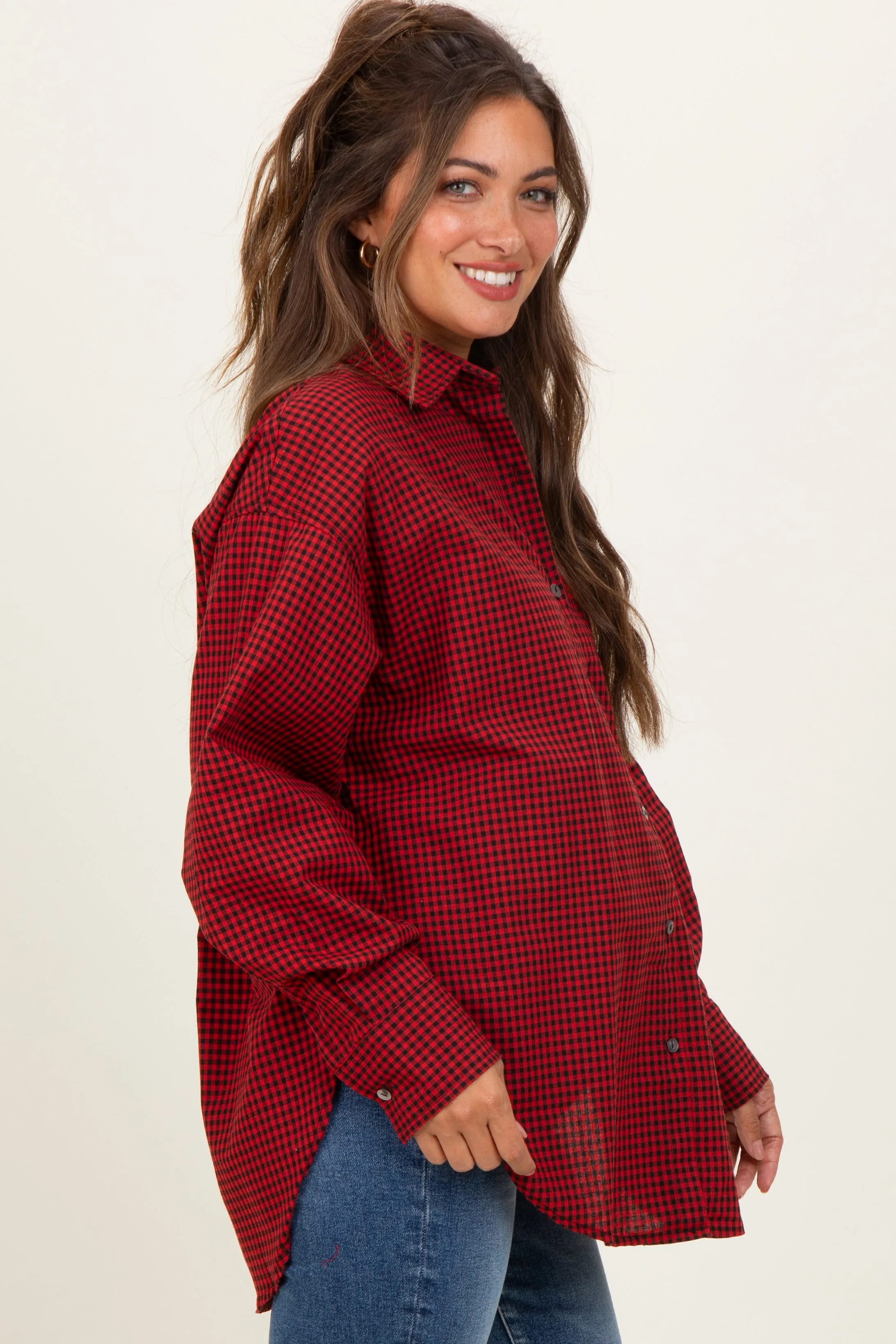 Red Plaid Linen Blend Maternity Button Down Shirt sold by Pinkblush product image thumbnail 3