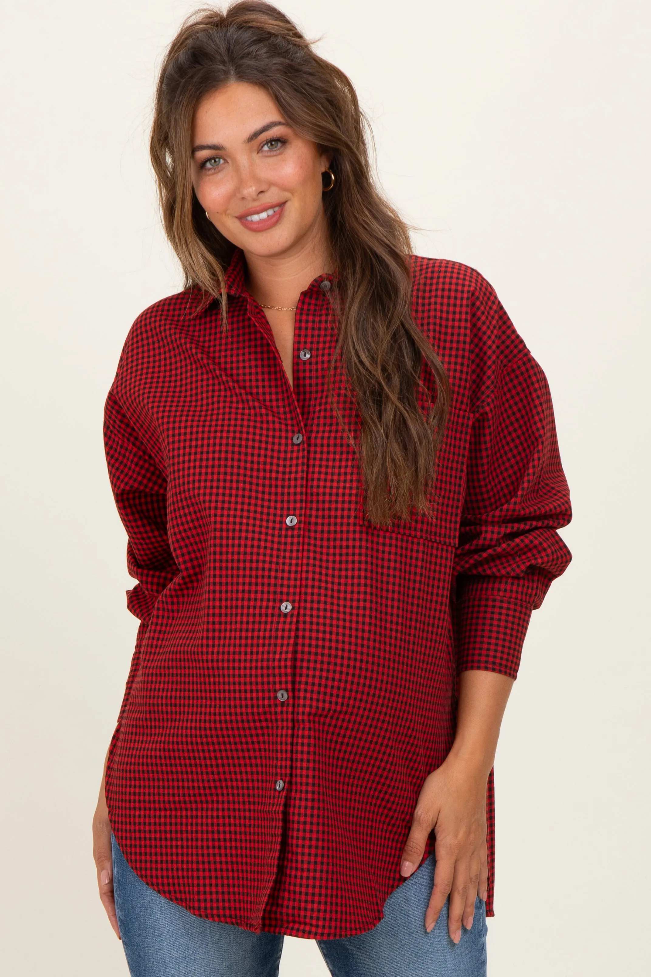 Red Plaid Linen Blend Maternity Button Down Shirt sold by Pinkblush product image thumbnail 2