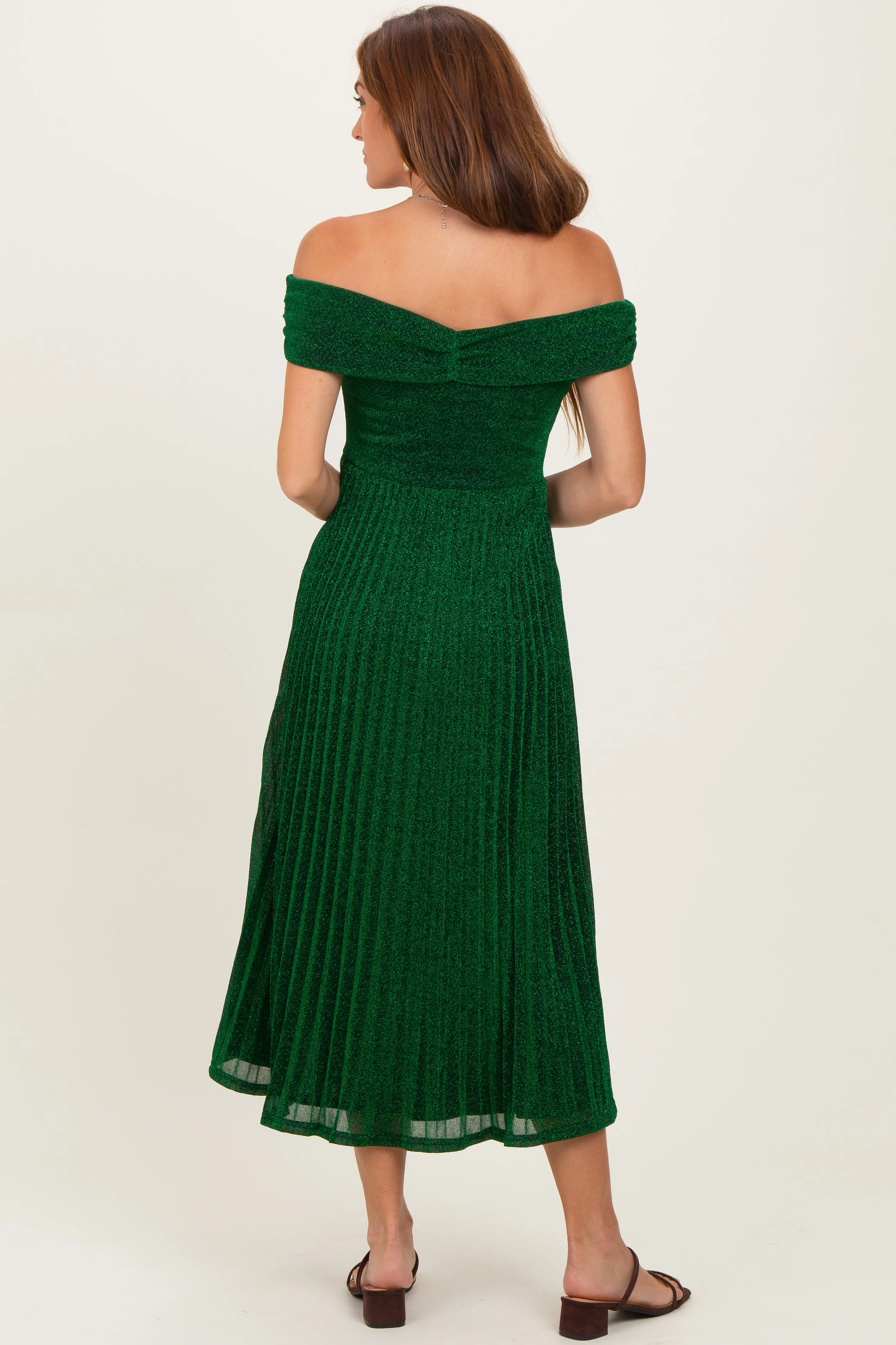 Forest Green Shimmer Off Shoulder Pleated Midi Dress sold by Pinkblush product image thumbnail 4