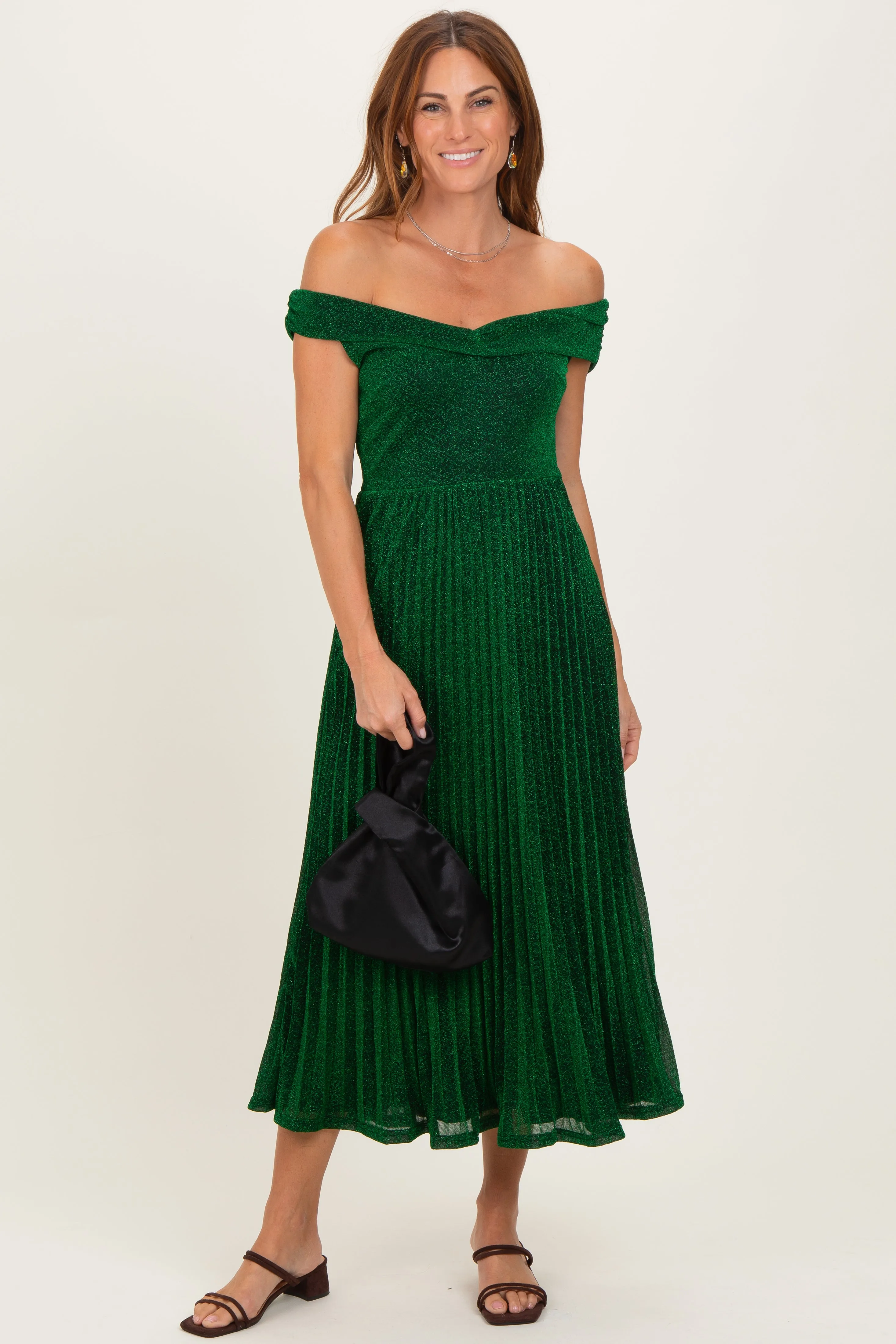 Forest Green Shimmer Off Shoulder Pleated Midi Dress sold by Pinkblush