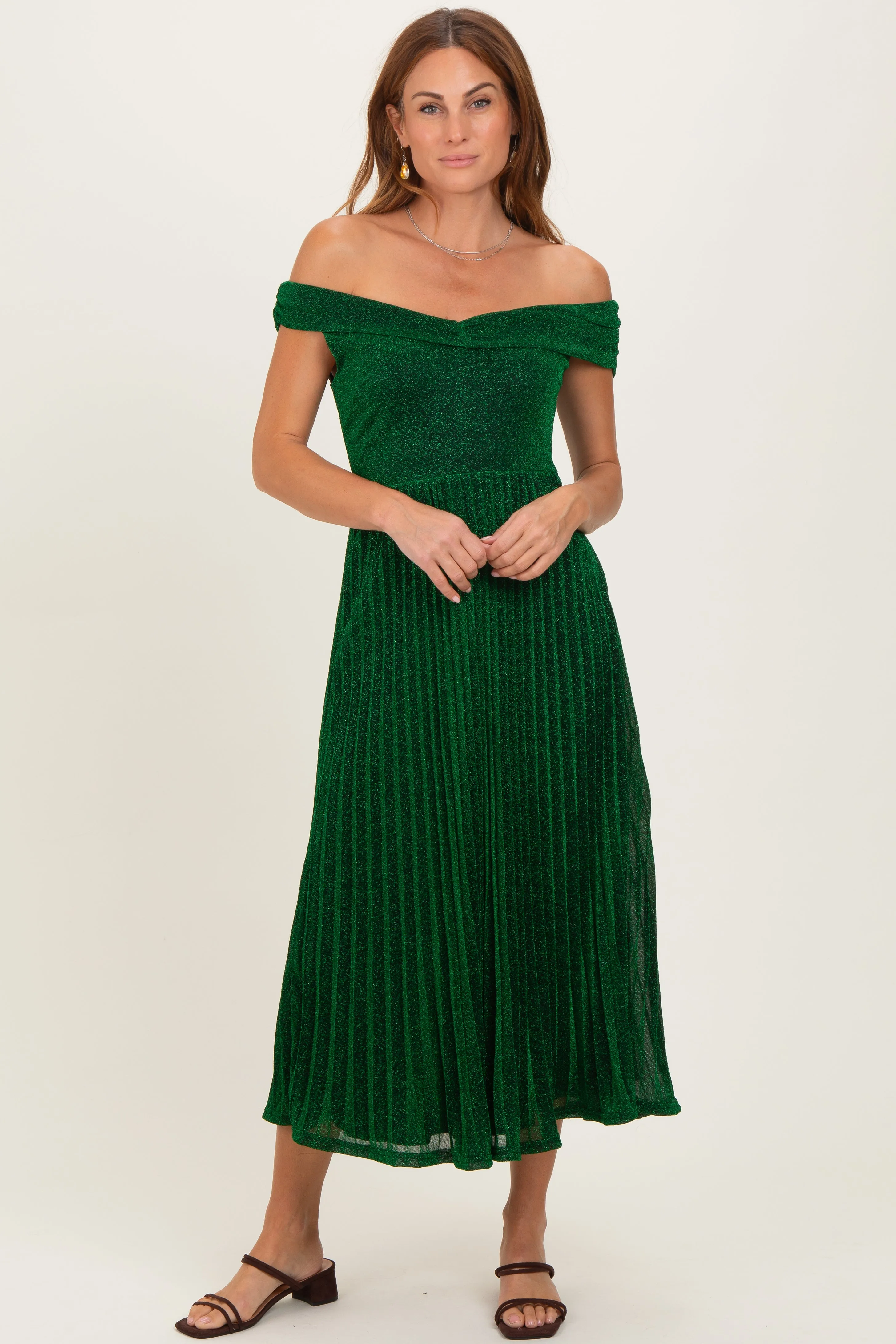 Forest Green Shimmer Off Shoulder Pleated Midi Dress sold by Pinkblush product image thumbnail 2
