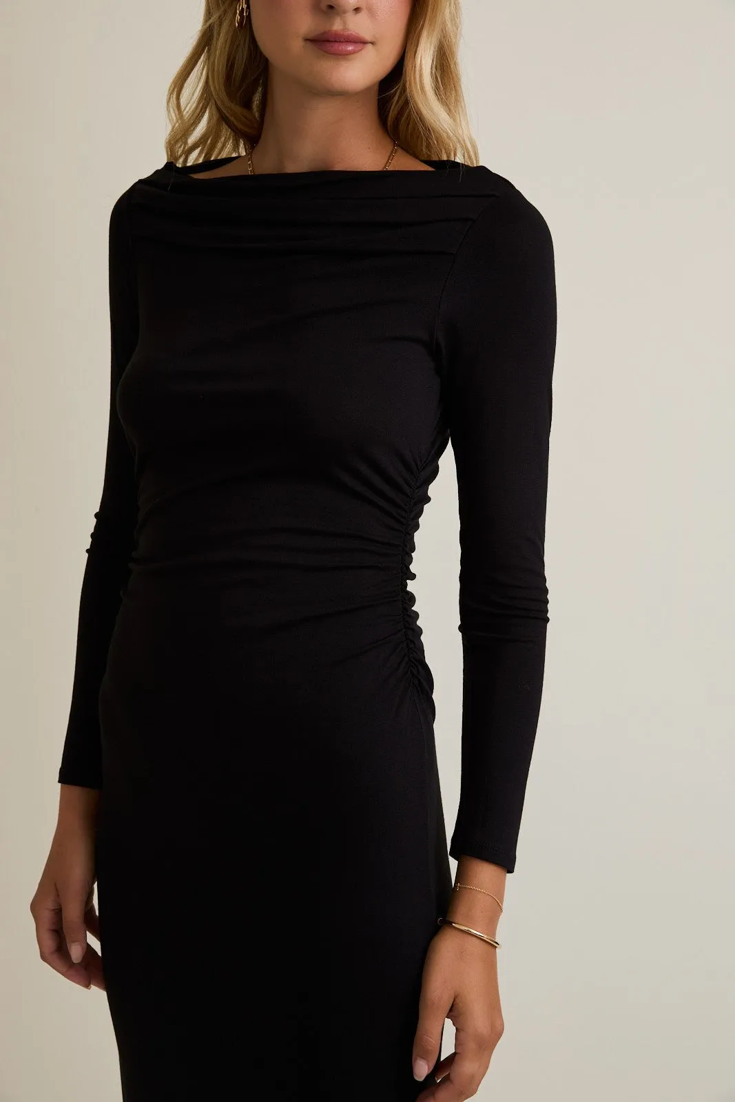 Black Boat Neck Ruched Long Sleeve Midi Dress sold by Pinkblush product image thumbnail 5