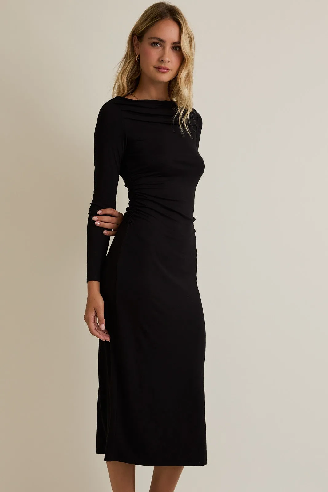 Black Boat Neck Ruched Long Sleeve Midi Dress sold by Pinkblush product image thumbnail 2