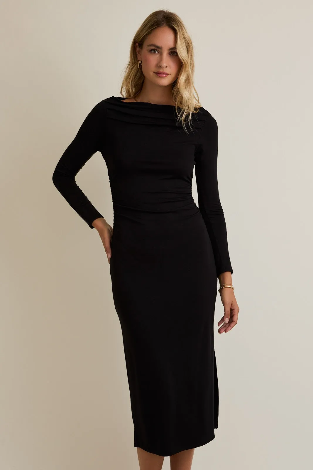 Black Boat Neck Ruched Long Sleeve Midi Dress sold by Pinkblush product image thumbnail 4