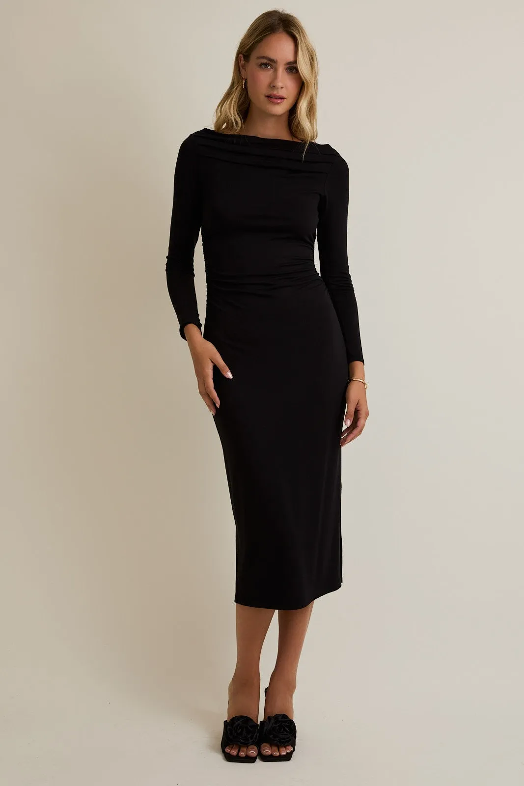 Black Boat Neck Ruched Long Sleeve Midi Dress sold by Pinkblush