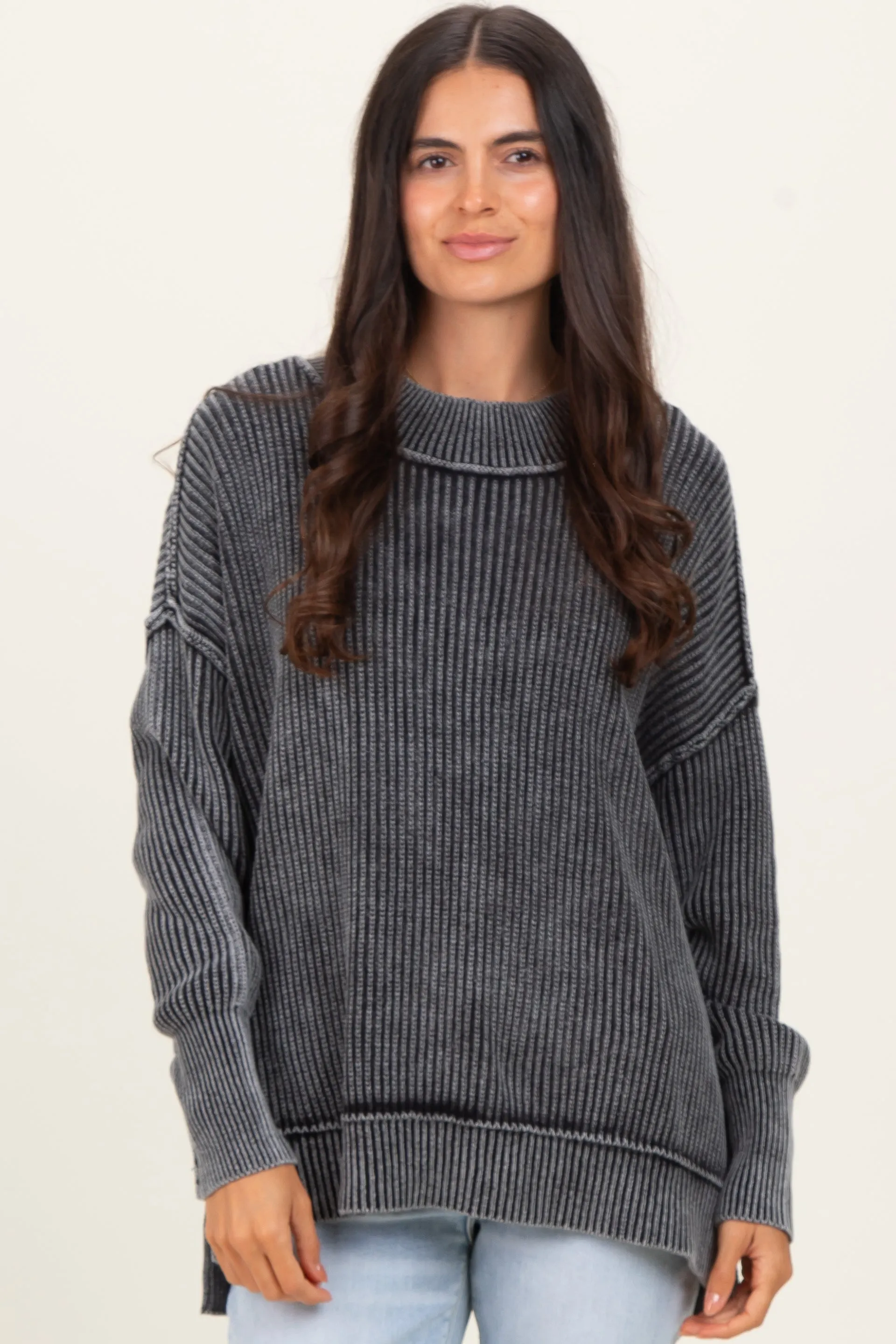 Black Washed Side Slit Oversized Sweater sold by Pinkblush