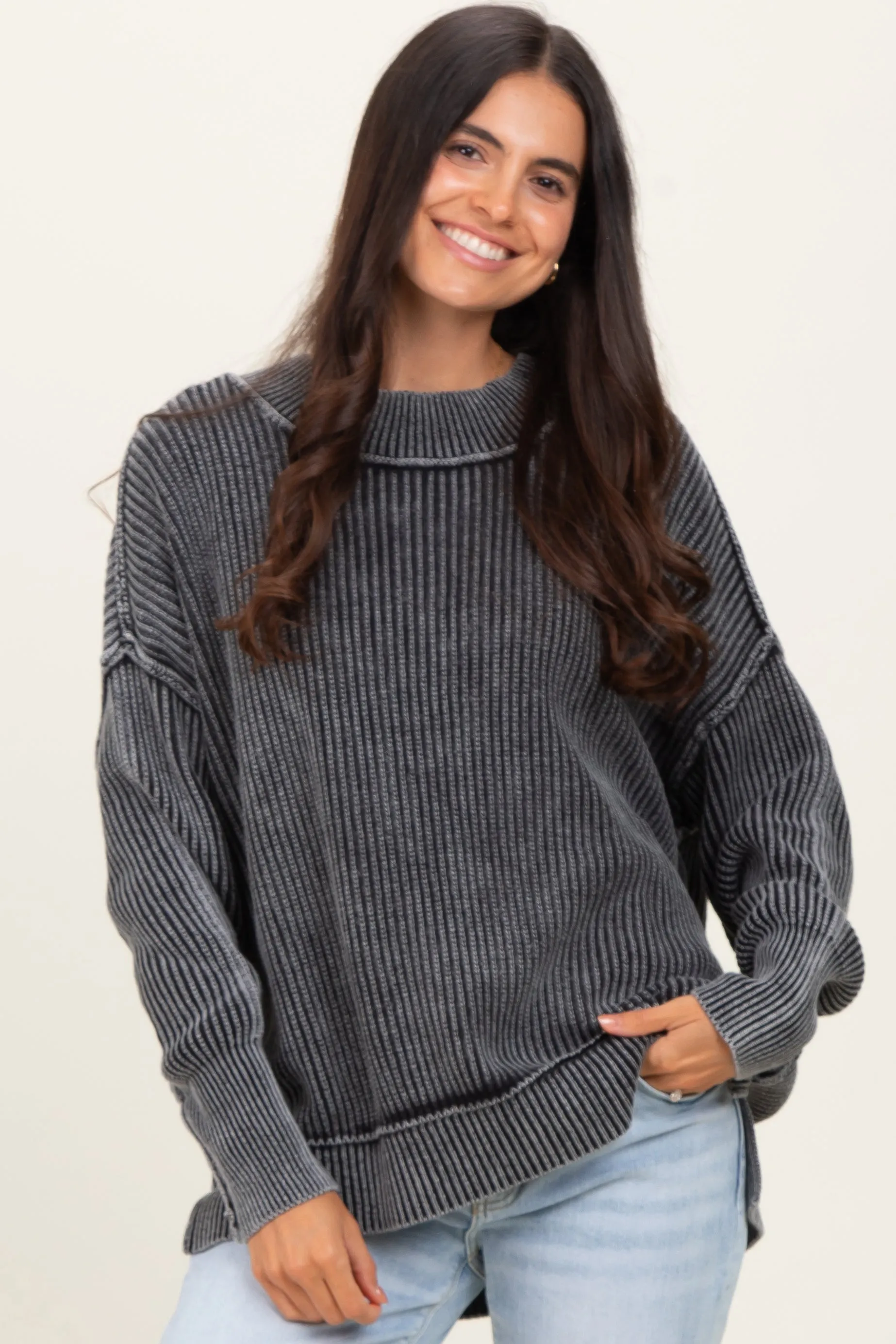 Black Washed Side Slit Oversized Sweater sold by Pinkblush product image thumbnail 2