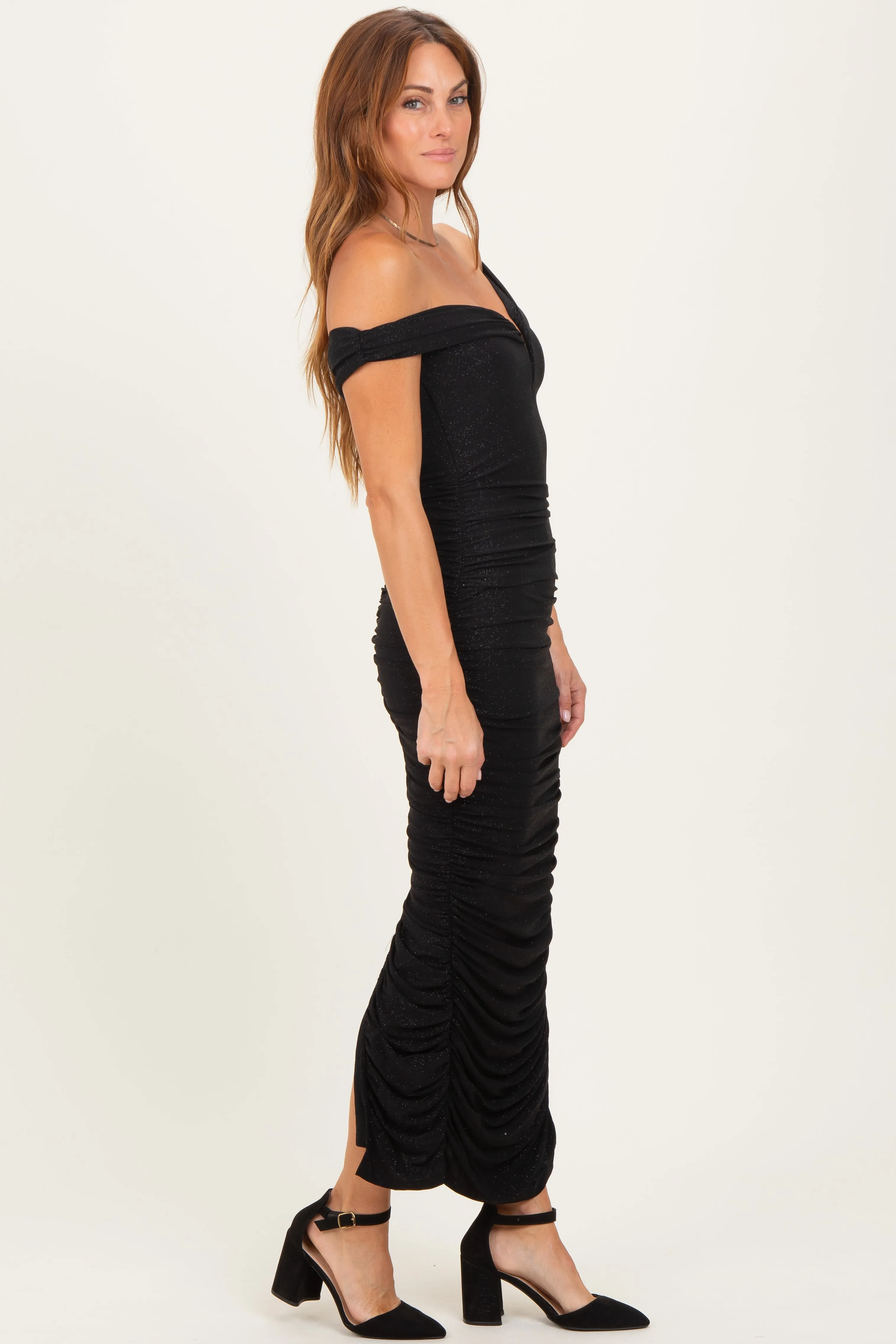 Black Glitter Ruched Off Shoulder Midi Dress sold by Pinkblush product image thumbnail 3