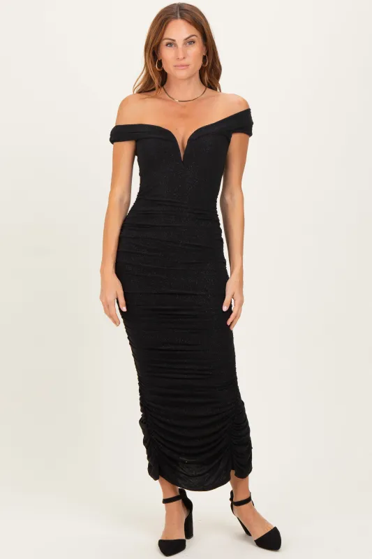Black Glitter Ruched Off Shoulder Midi Dress sold by Pinkblush