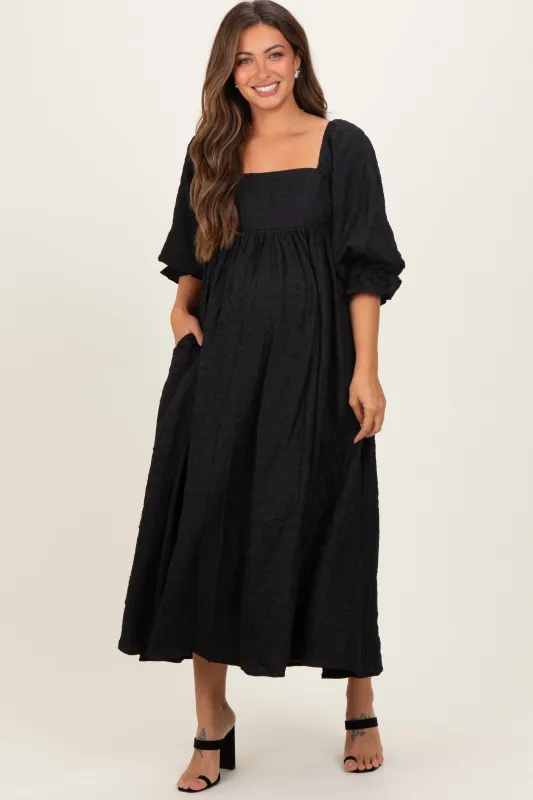 Black Textured 3/4 Puff Sleeve Maternity Maxi Dress sold by Pinkblush