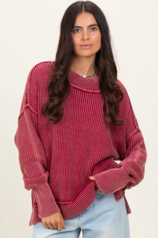 Burgundy Washed Side Slit Oversized Sweater sold by Pinkblush