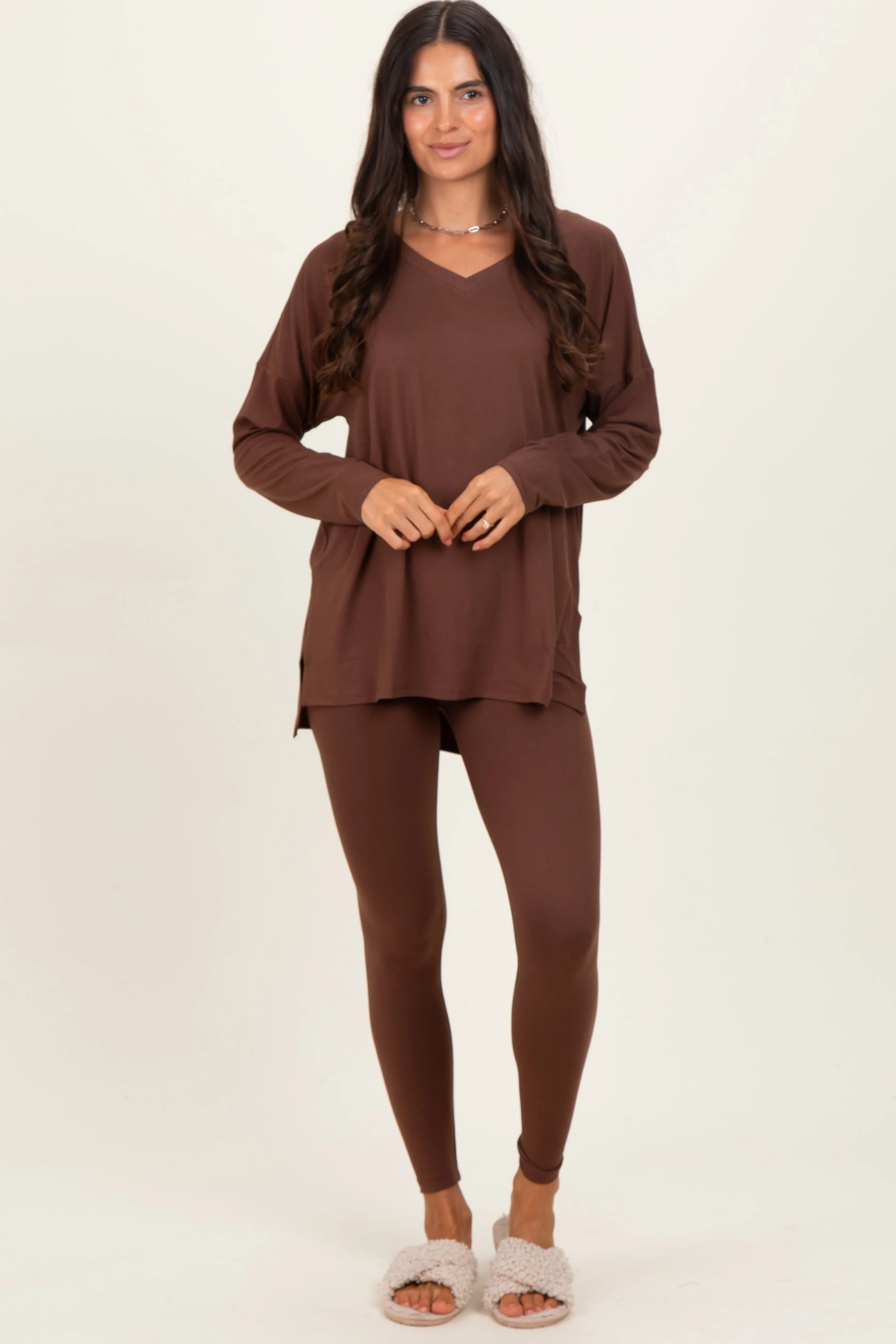 Brown Brushed Knit Oversized Top and Legging Set sold by Pinkblush