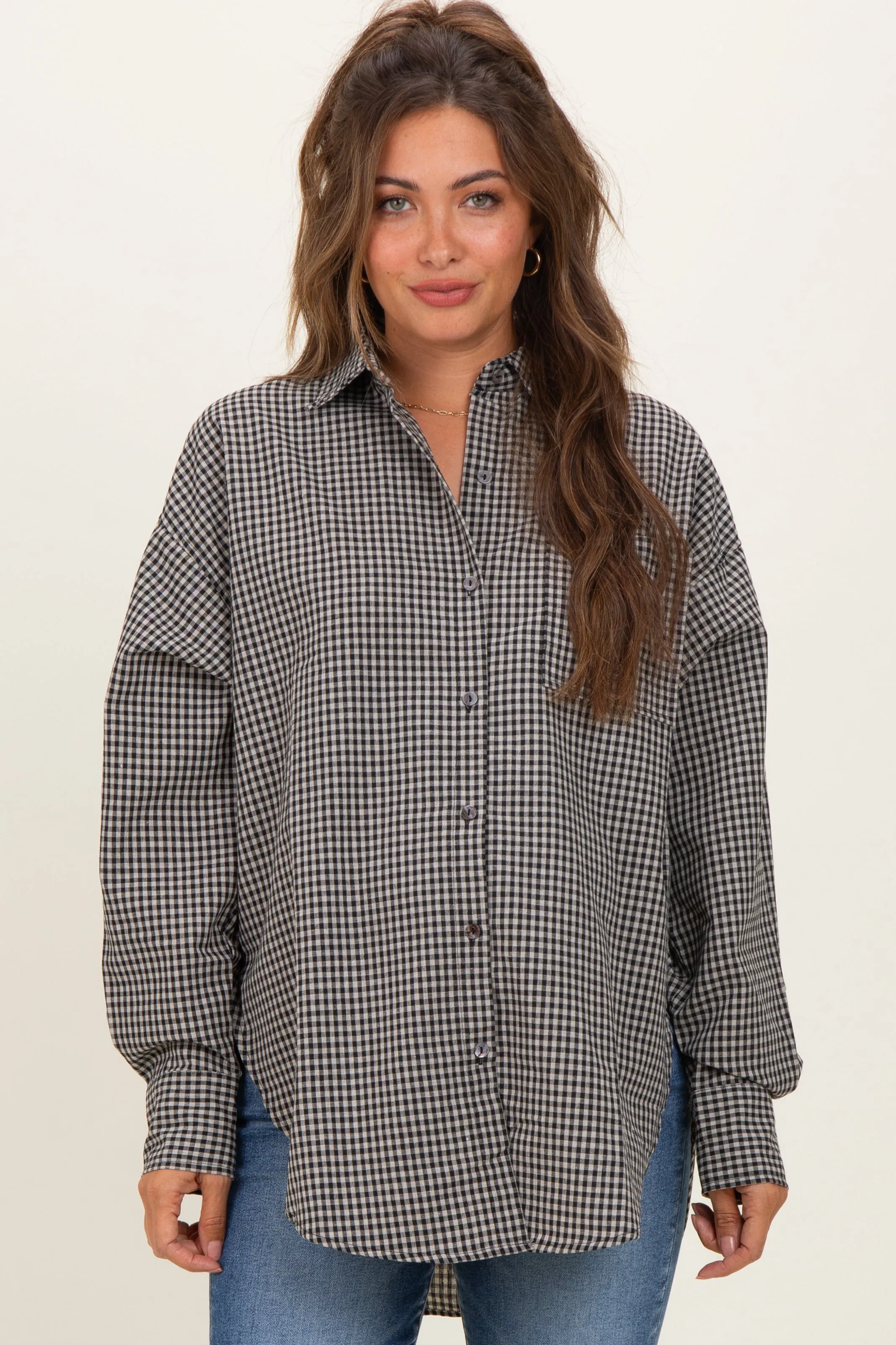 Ivory Plaid Linen Blend Maternity Button Down Shirt sold by Pinkblush product image thumbnail 2