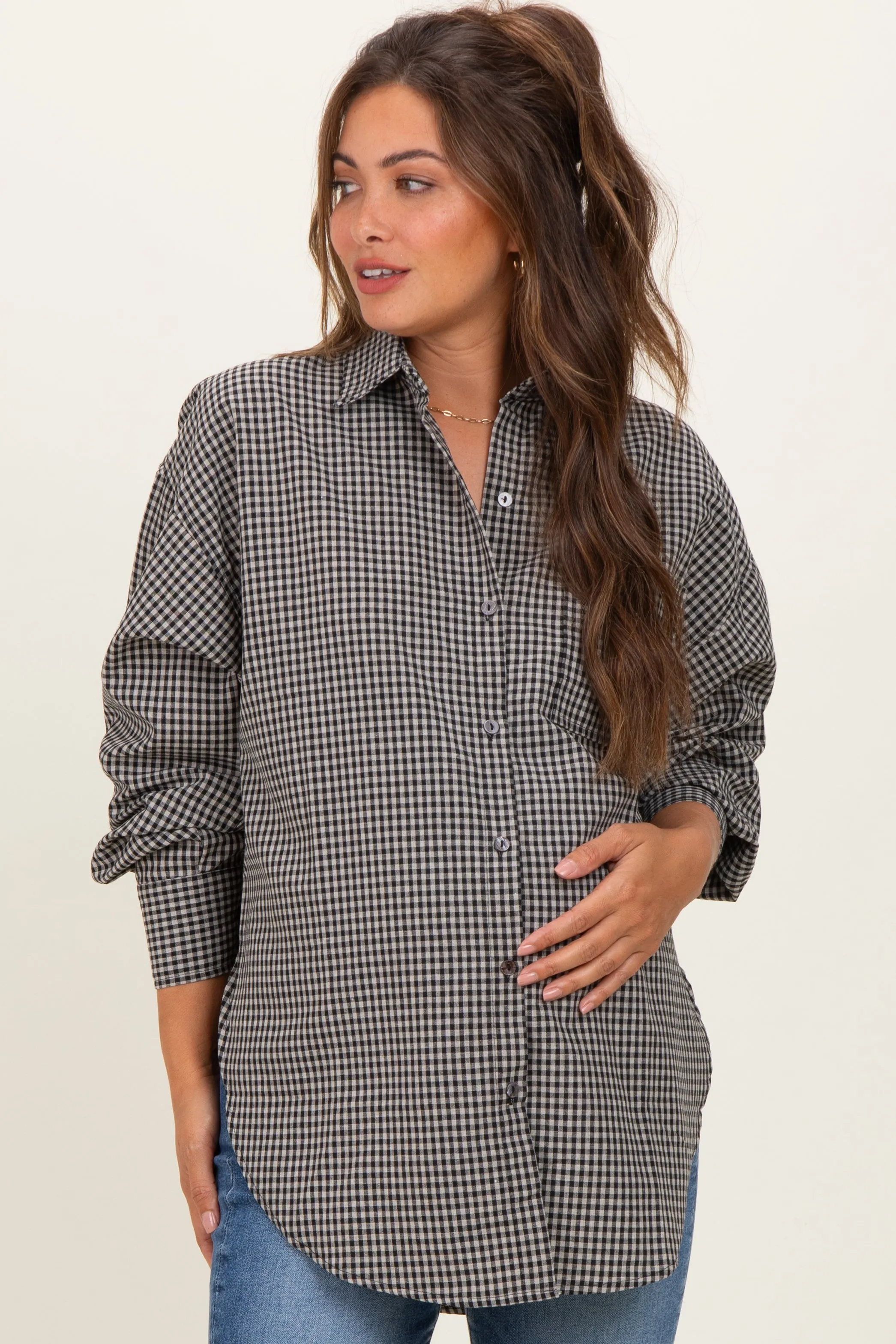 Ivory Plaid Linen Blend Maternity Button Down Shirt sold by Pinkblush