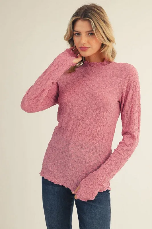 Mauve Thumbhole Sleeves Mock Neck Lace Top sold by Pinkblush