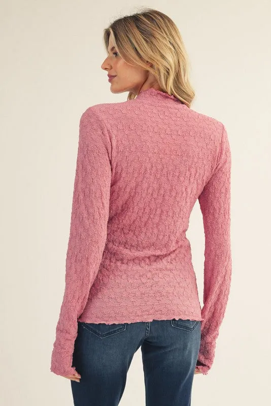 Mauve Thumbhole Sleeves Mock Neck Lace Top sold by Pinkblush product image thumbnail 2