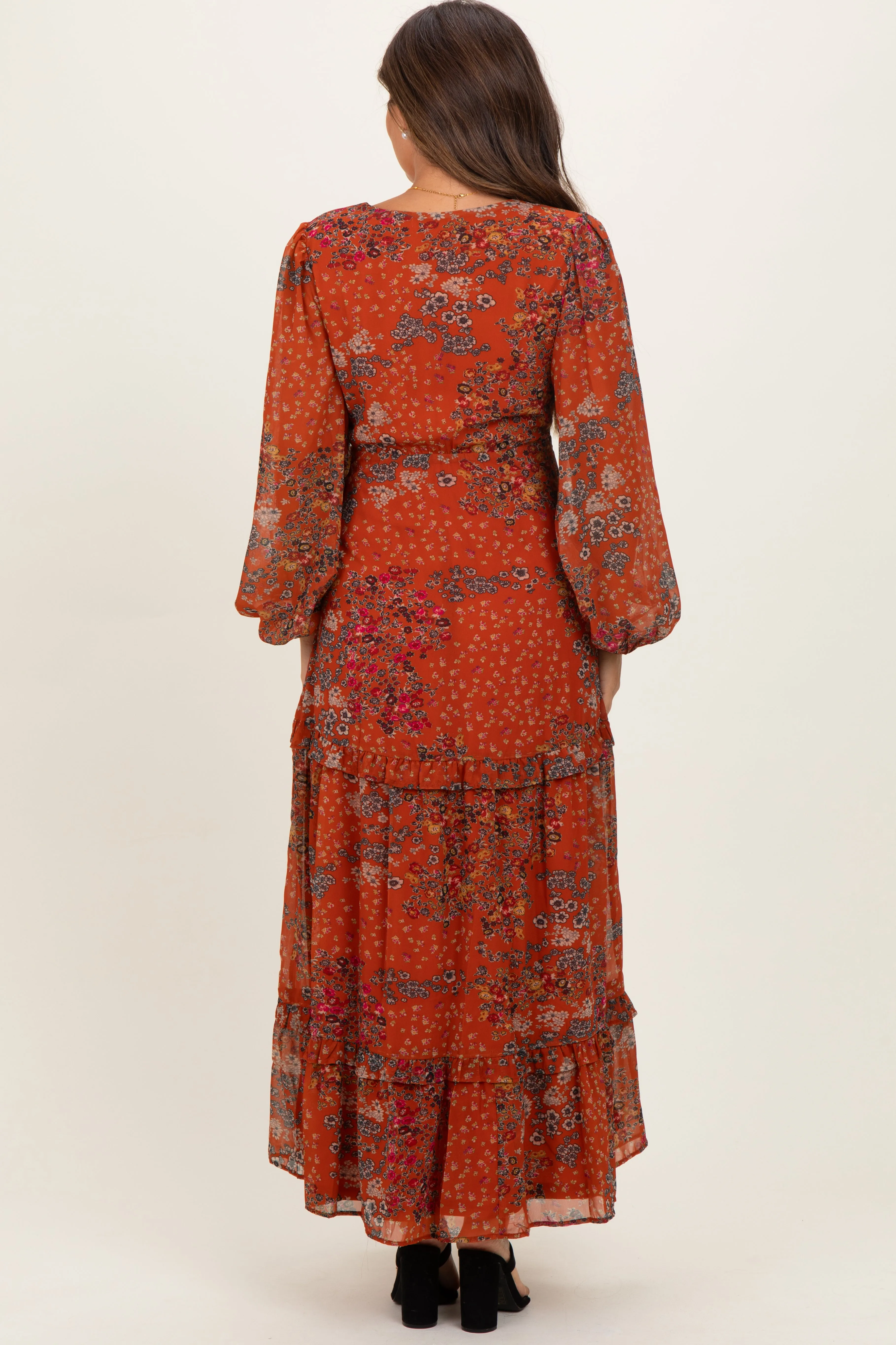Orange Floral Chiffon V-Neck Long Sleeve Maternity Maxi Dress sold by Pinkblush product image thumbnail 3