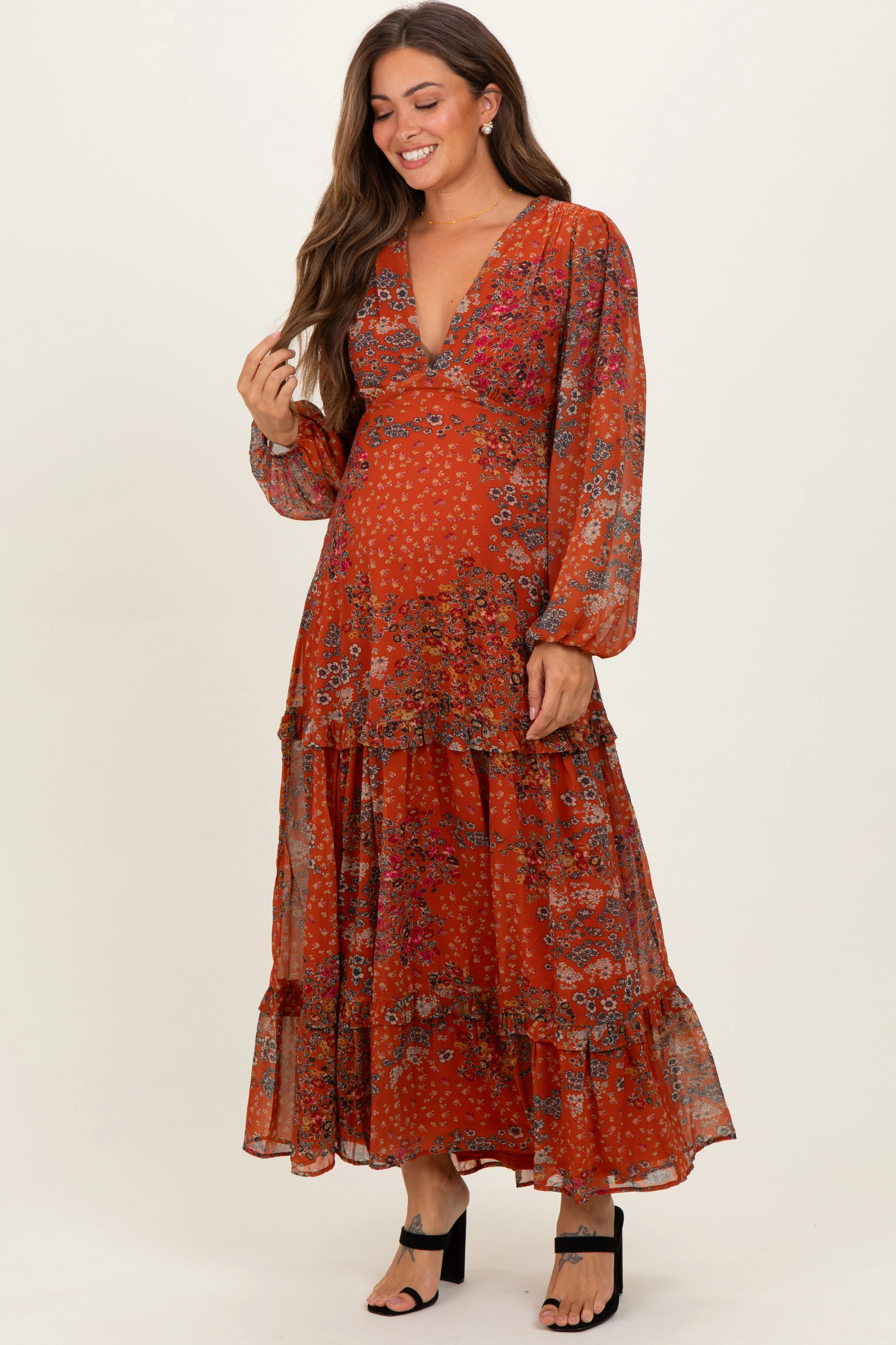 Orange Floral Chiffon V-Neck Long Sleeve Maternity Maxi Dress sold by Pinkblush