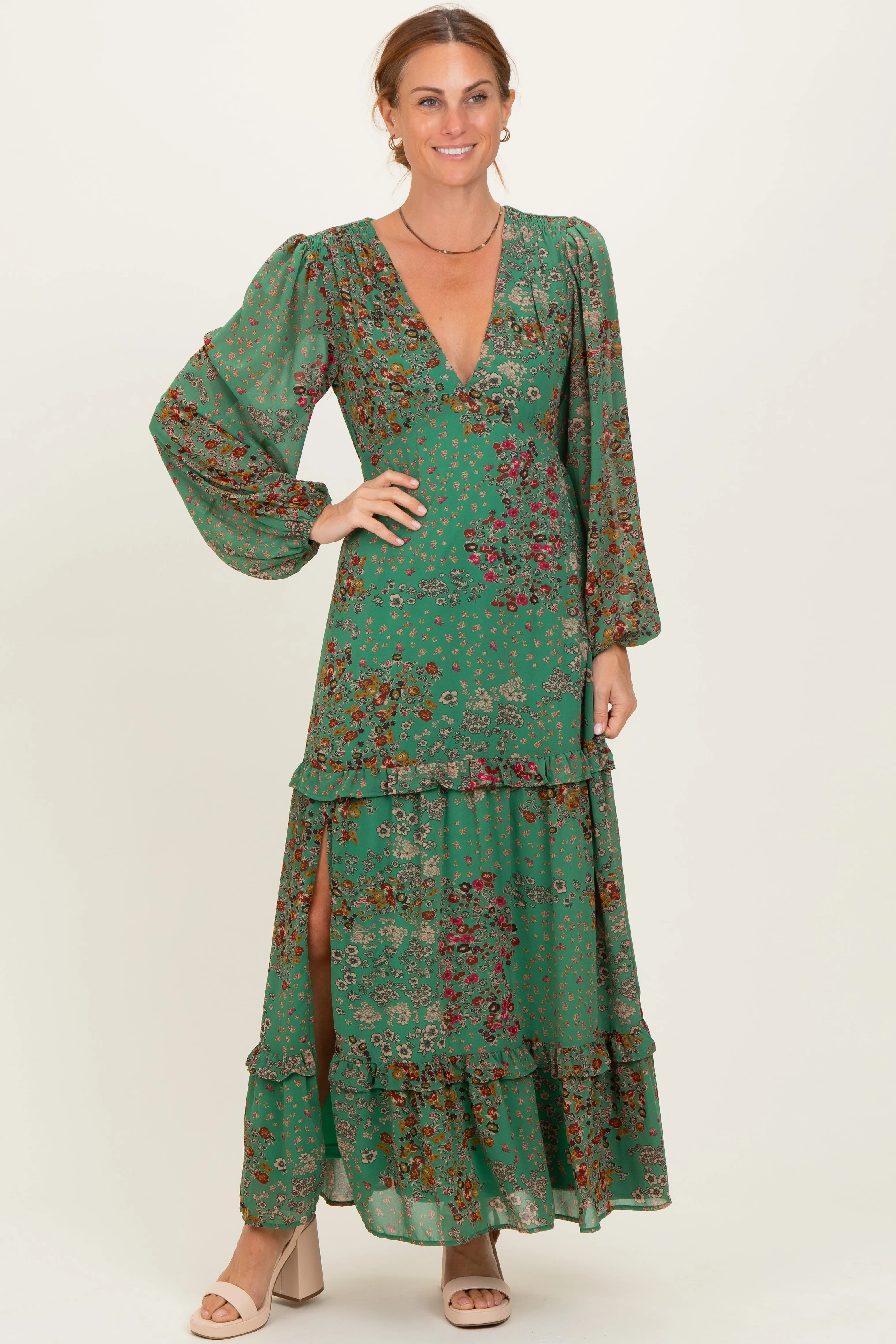 Green Floral Chiffon V-Neck Long Sleeve Maxi Dress sold by Pinkblush