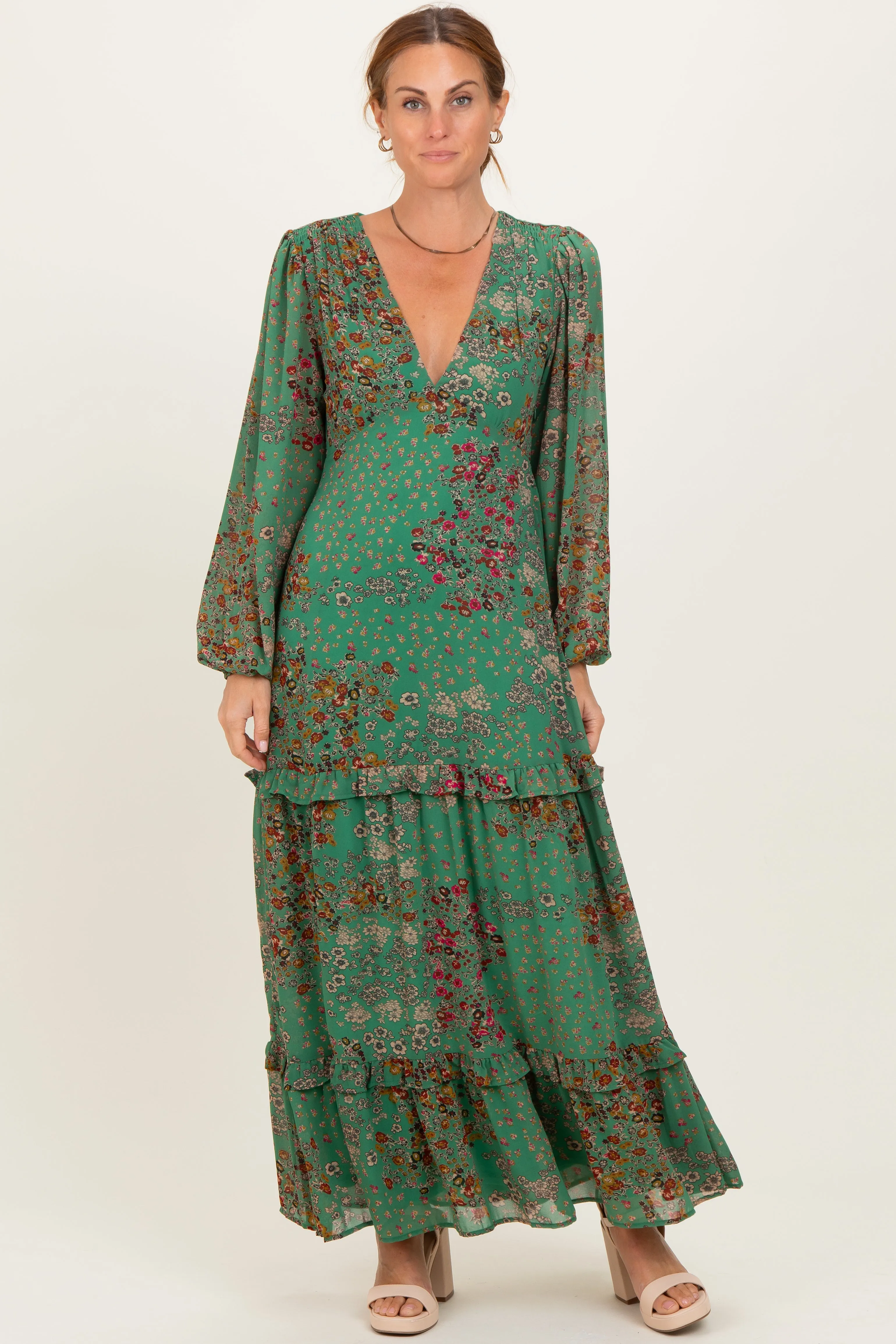Green Floral Chiffon V-Neck Long Sleeve Maxi Dress sold by Pinkblush product image thumbnail 2