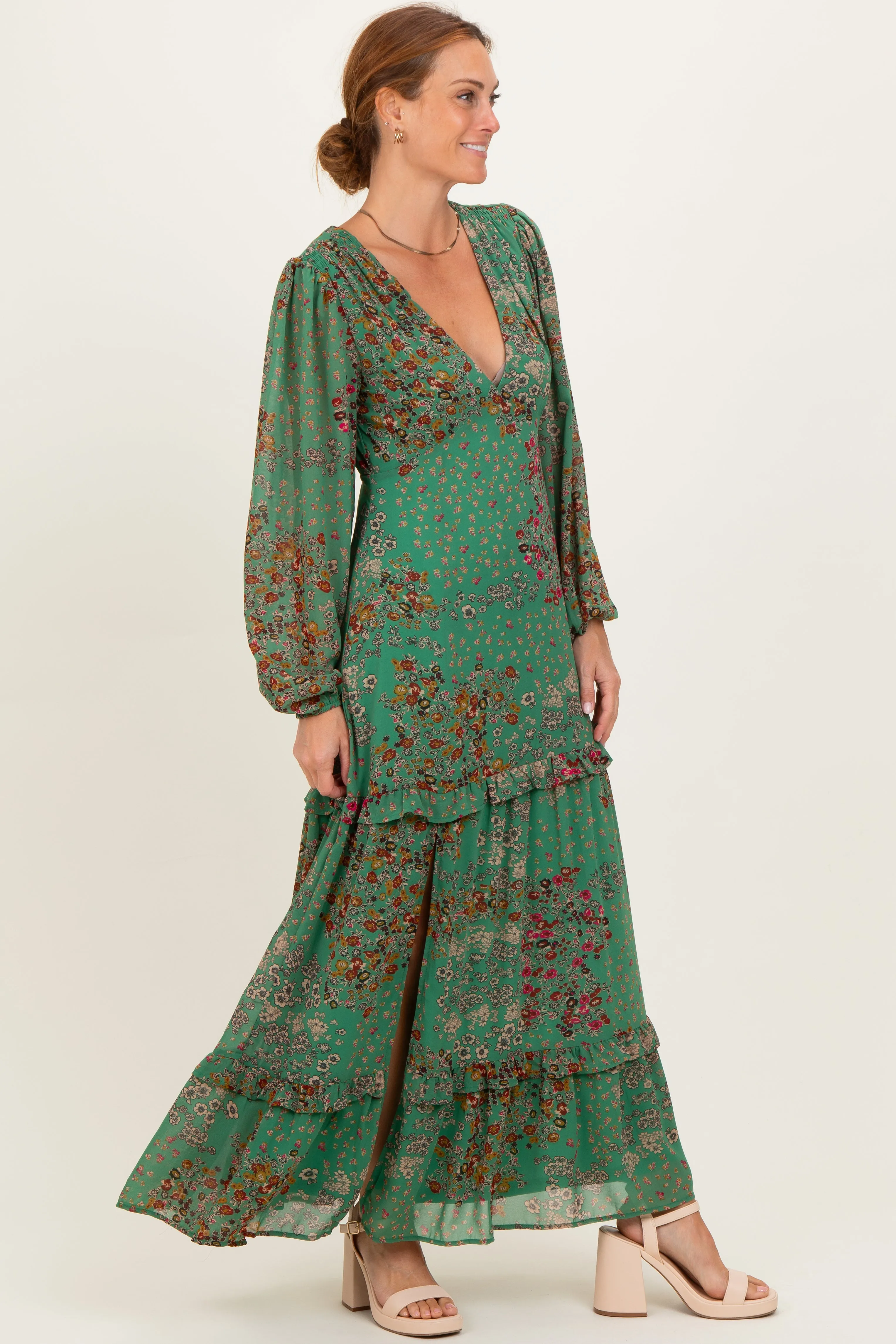 Green Floral Chiffon V-Neck Long Sleeve Maxi Dress sold by Pinkblush product image thumbnail 3