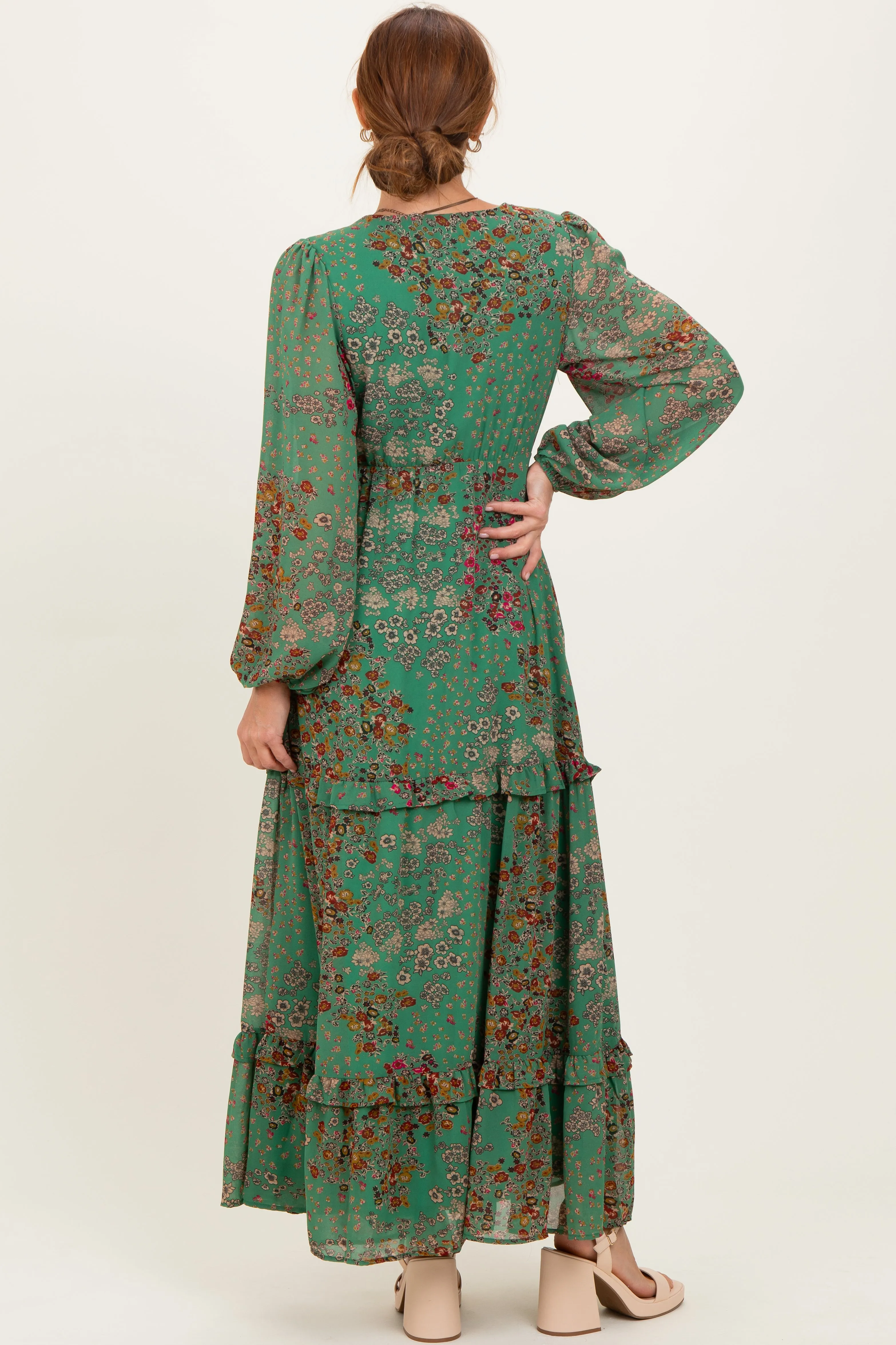 Green Floral Chiffon V-Neck Long Sleeve Maxi Dress sold by Pinkblush product image thumbnail 4