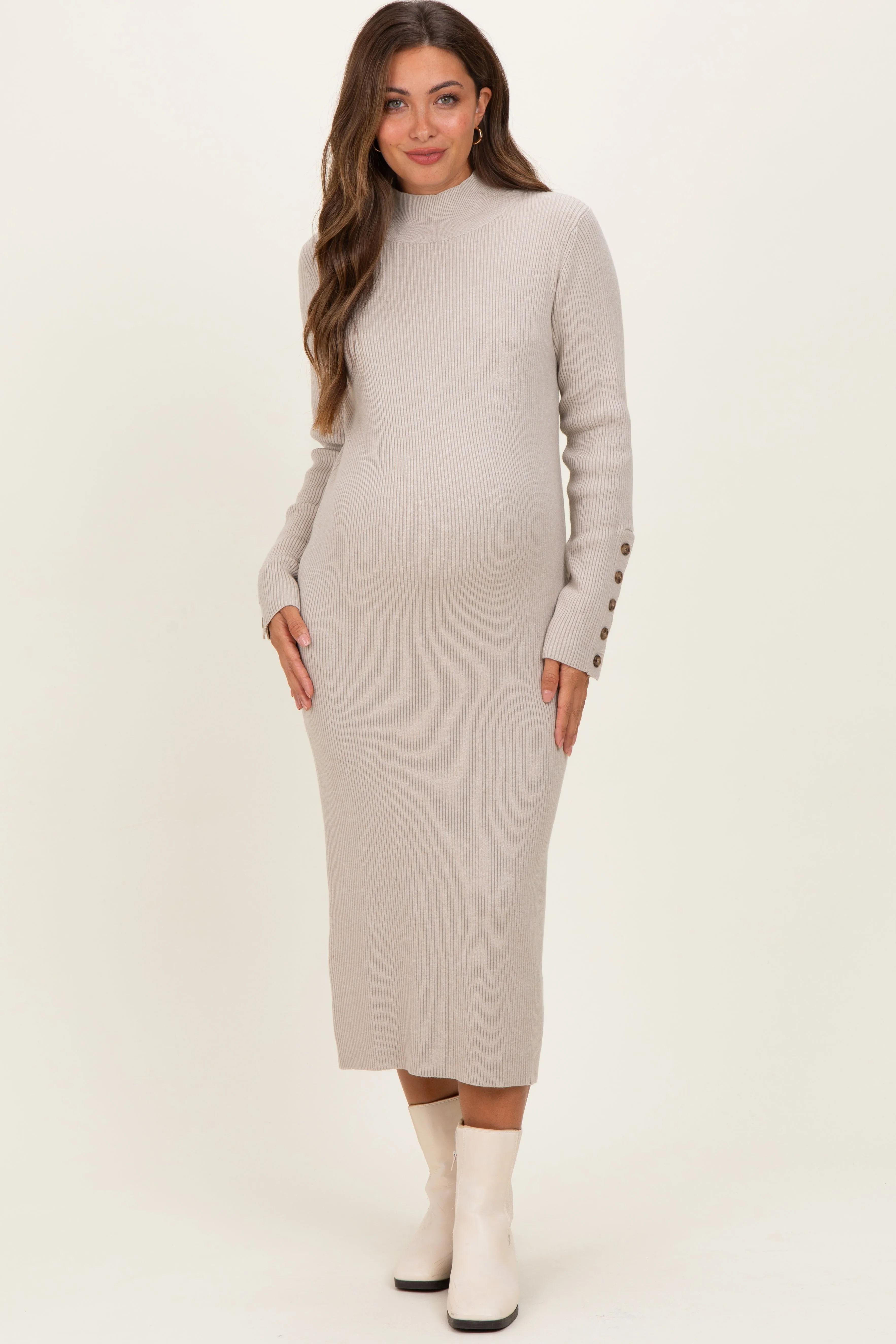 Heather Grey Button Sleeve Sweater Maternity Midi Dress sold by Pinkblush