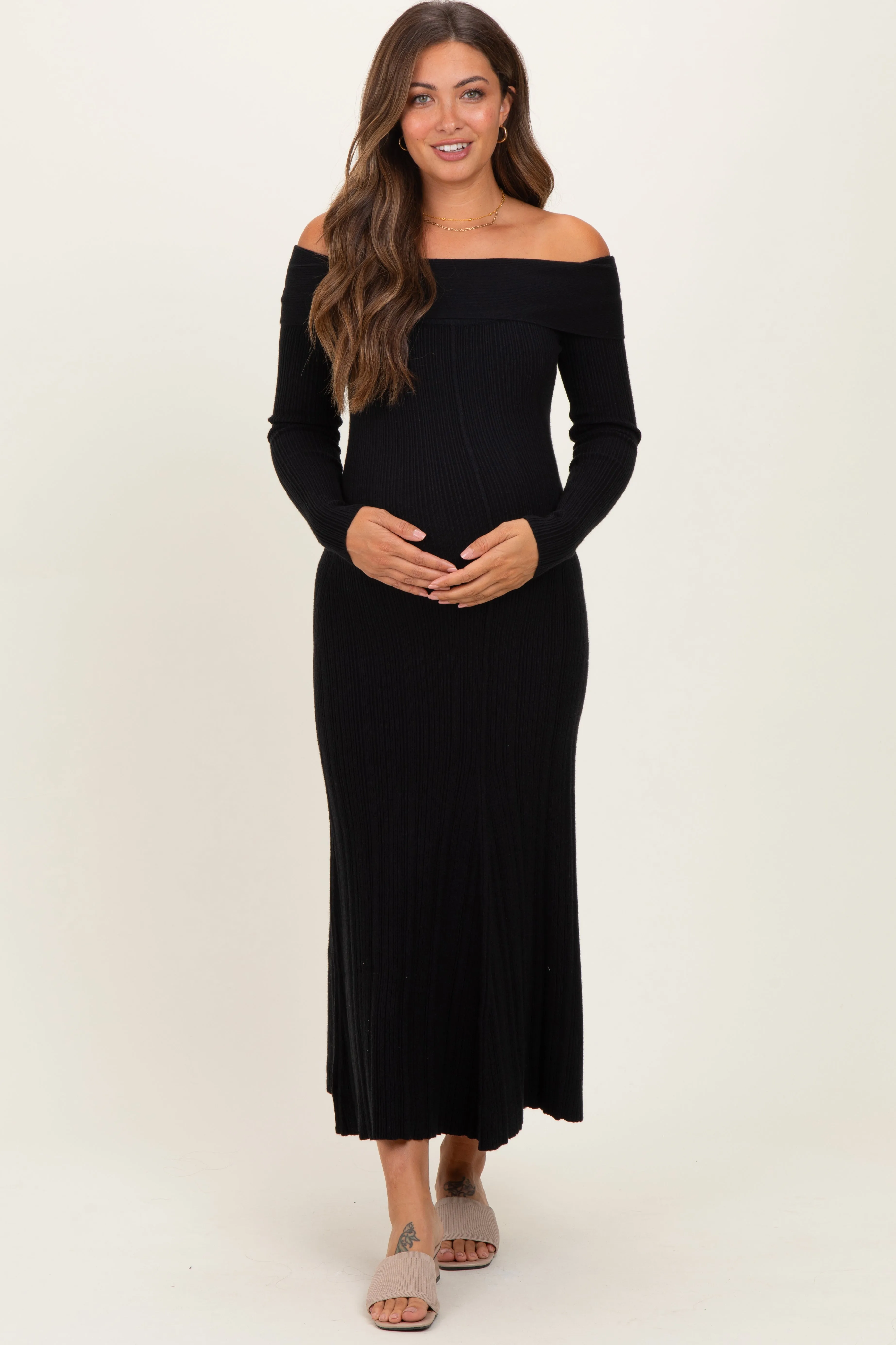 Black Ribbed Knit Off Shoulder Maternity Midi Dress sold by Pinkblush product image thumbnail 2