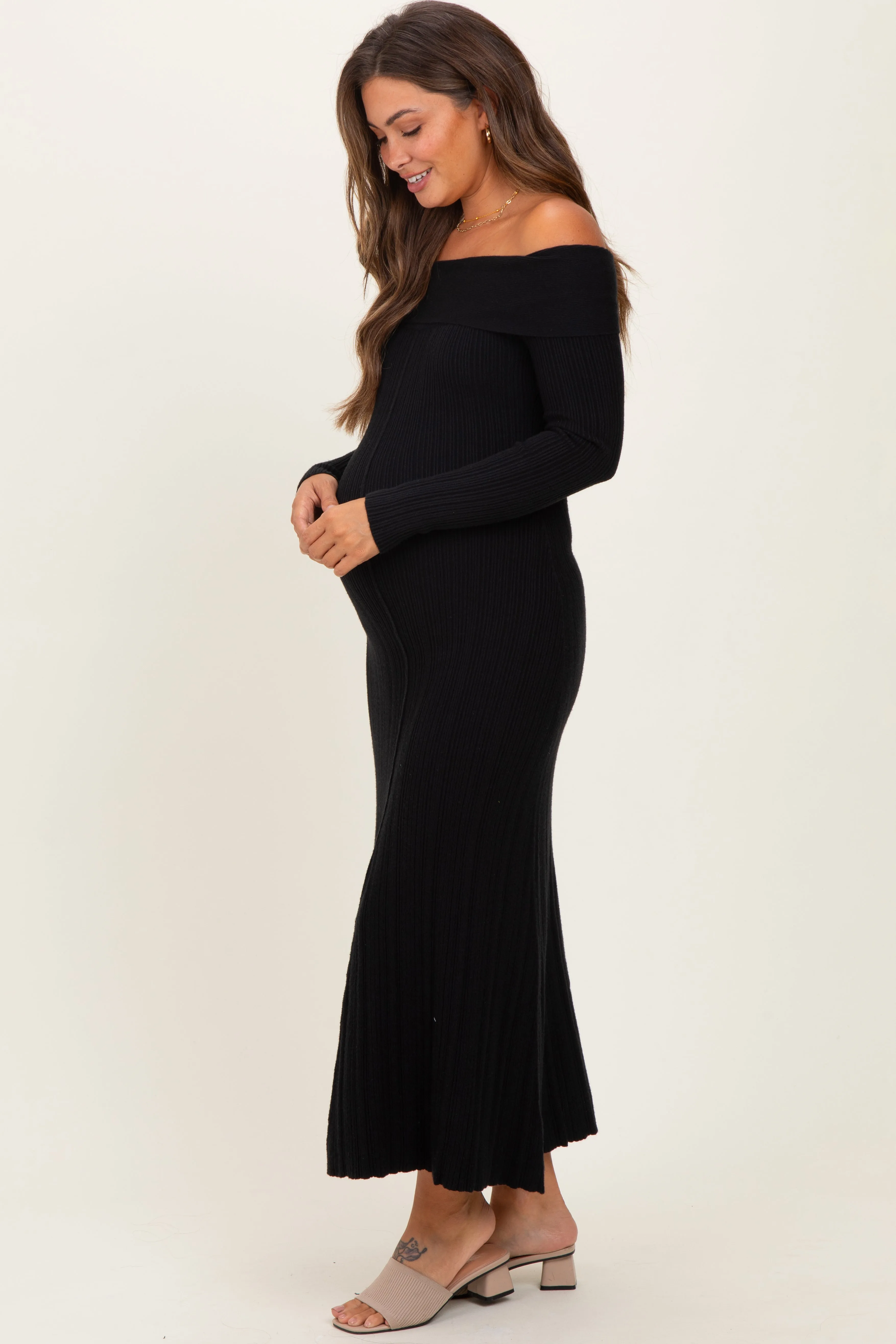 Black Ribbed Knit Off Shoulder Maternity Midi Dress sold by Pinkblush product image thumbnail 3