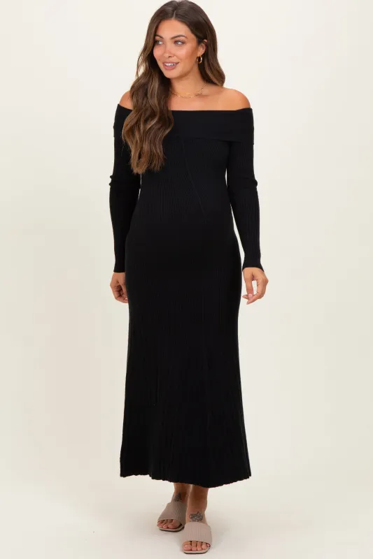 Black Ribbed Knit Off Shoulder Maternity Midi Dress sold by Pinkblush
