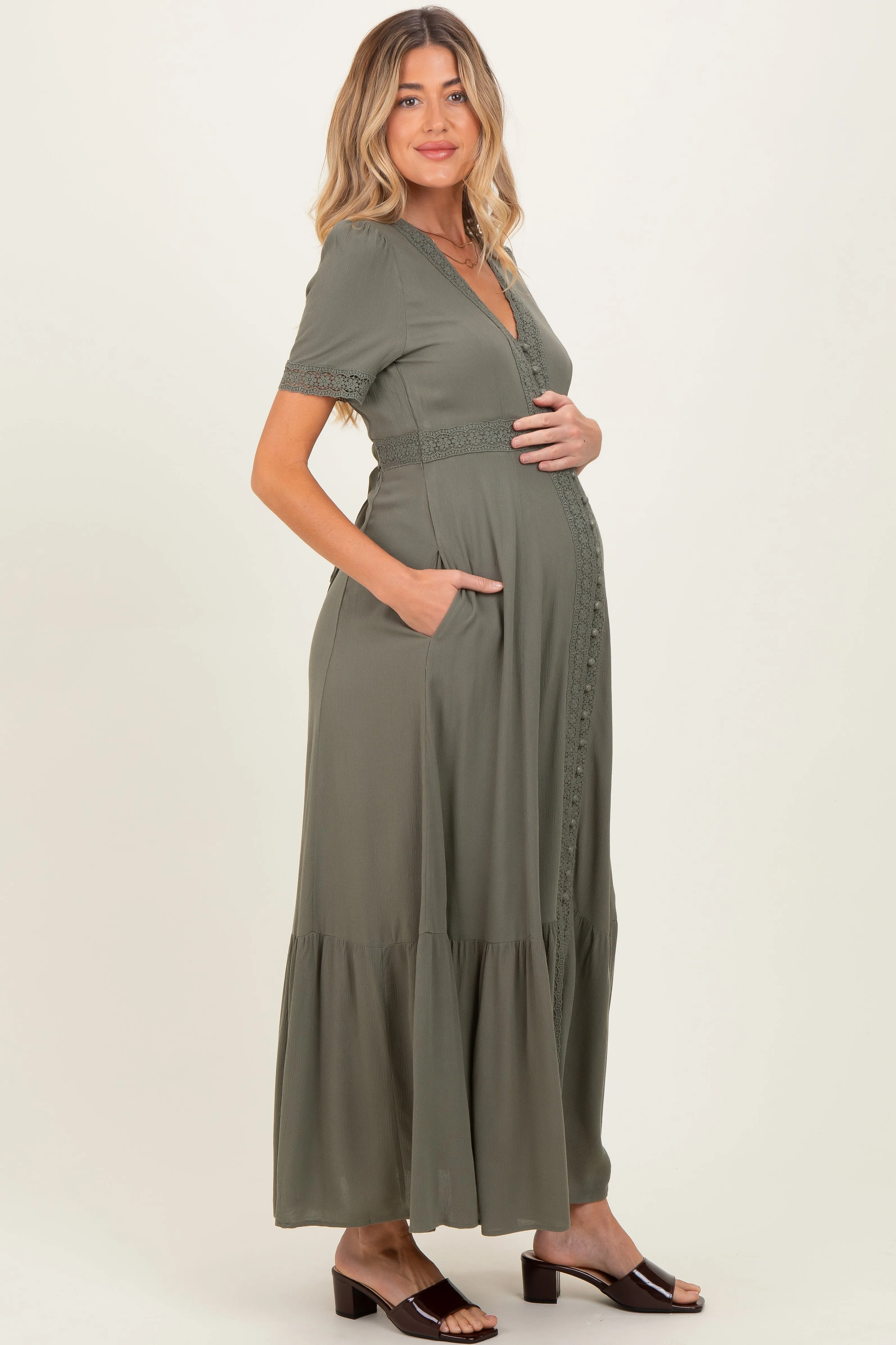 Olive Lace Trim Button Down Maternity Maxi Dress sold by Pinkblush product image thumbnail 3