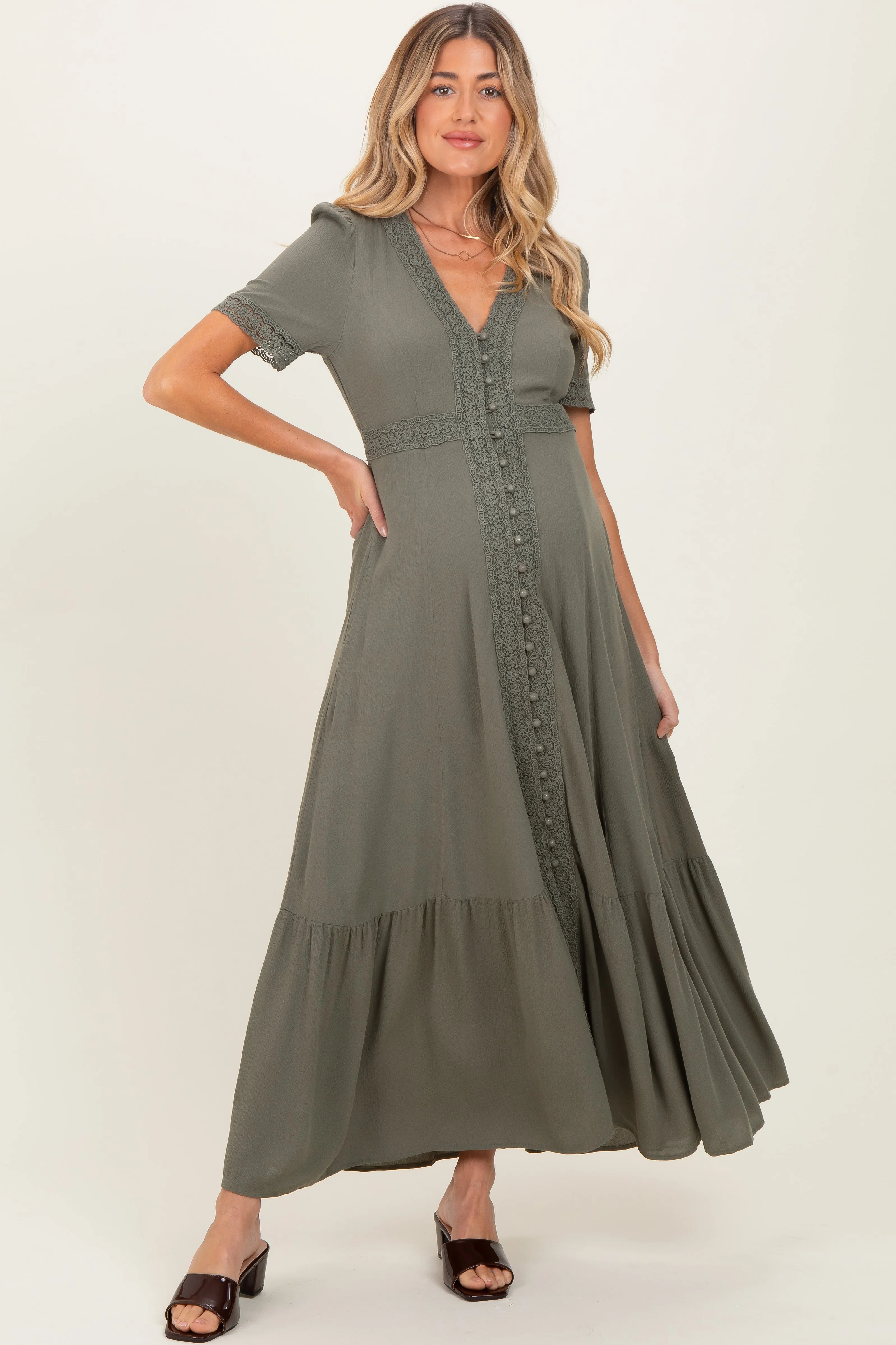 Olive Lace Trim Button Down Maternity Maxi Dress sold by Pinkblush