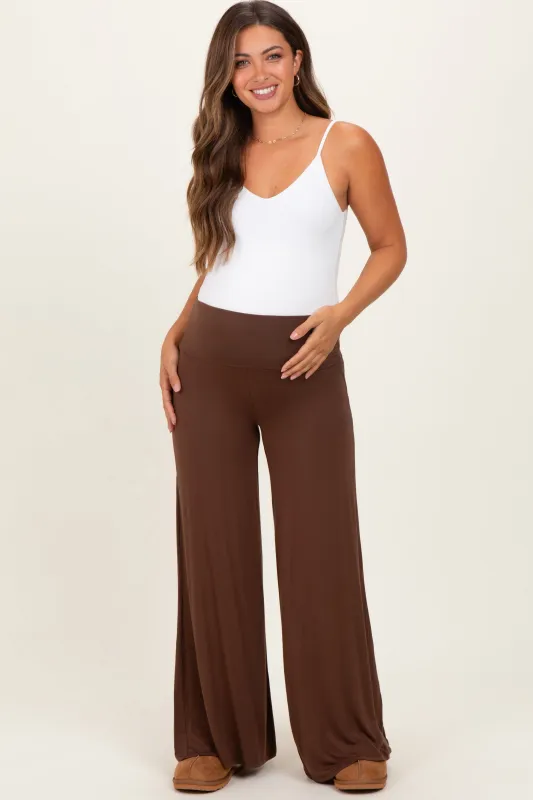 Brown Fold Over Waist Maternity Wide Leg Lounge Pants sold by Pinkblush