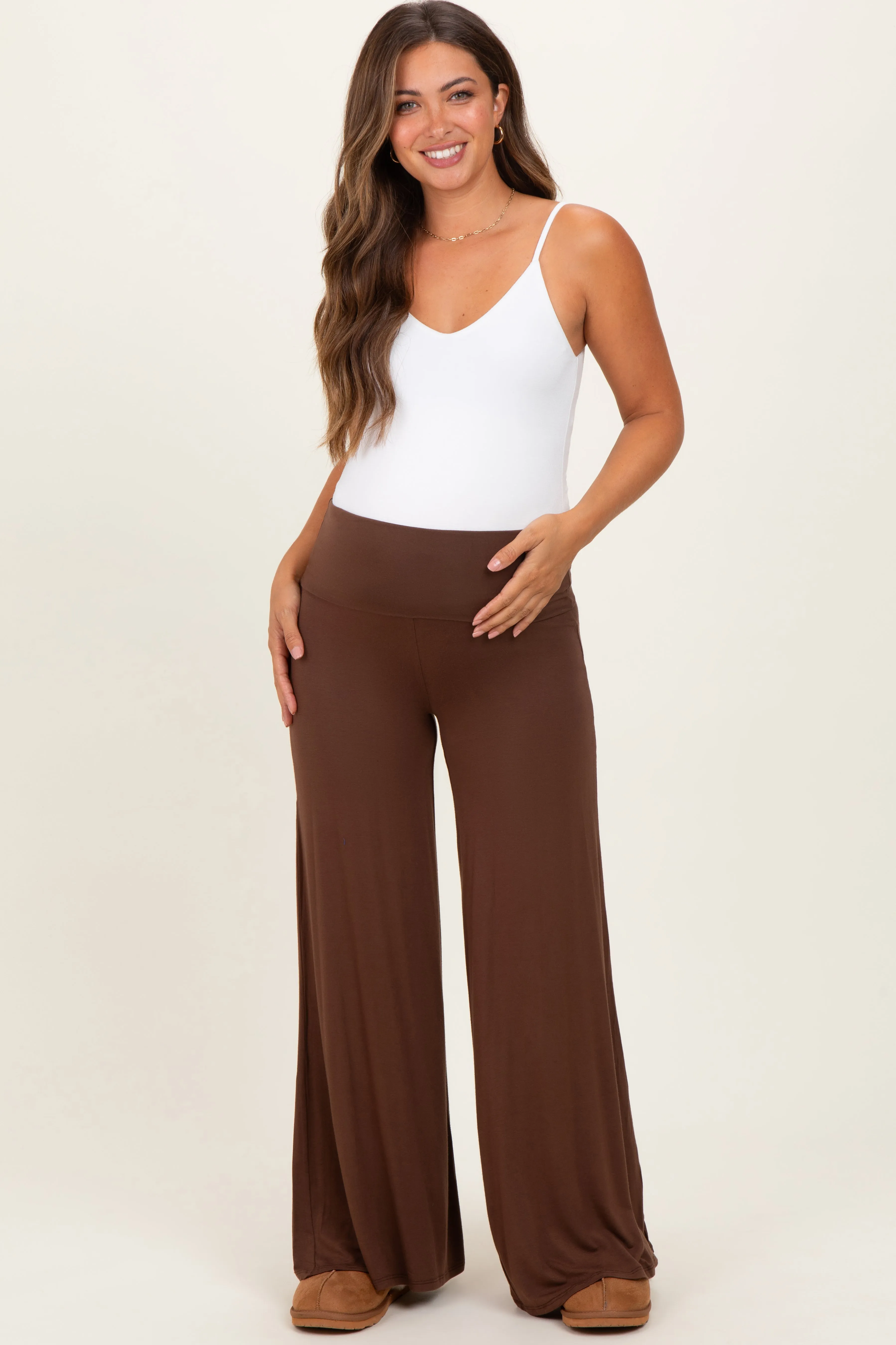 Brown Fold Over Waist Maternity Wide Leg Lounge Pants sold by Pinkblush