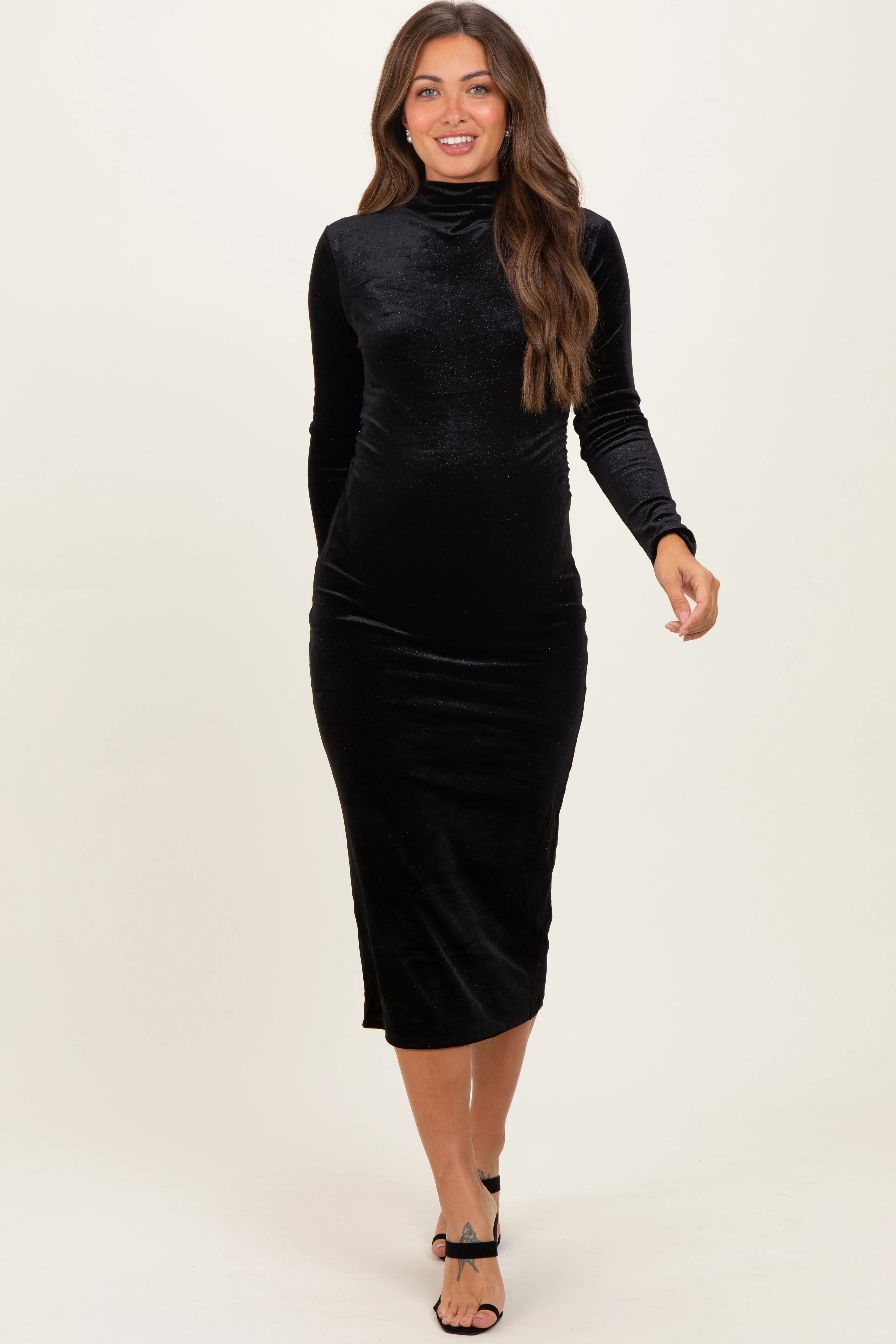 Black Glitter Velvet Ruched Maternity Midi Dress sold by Pinkblush product image thumbnail 2