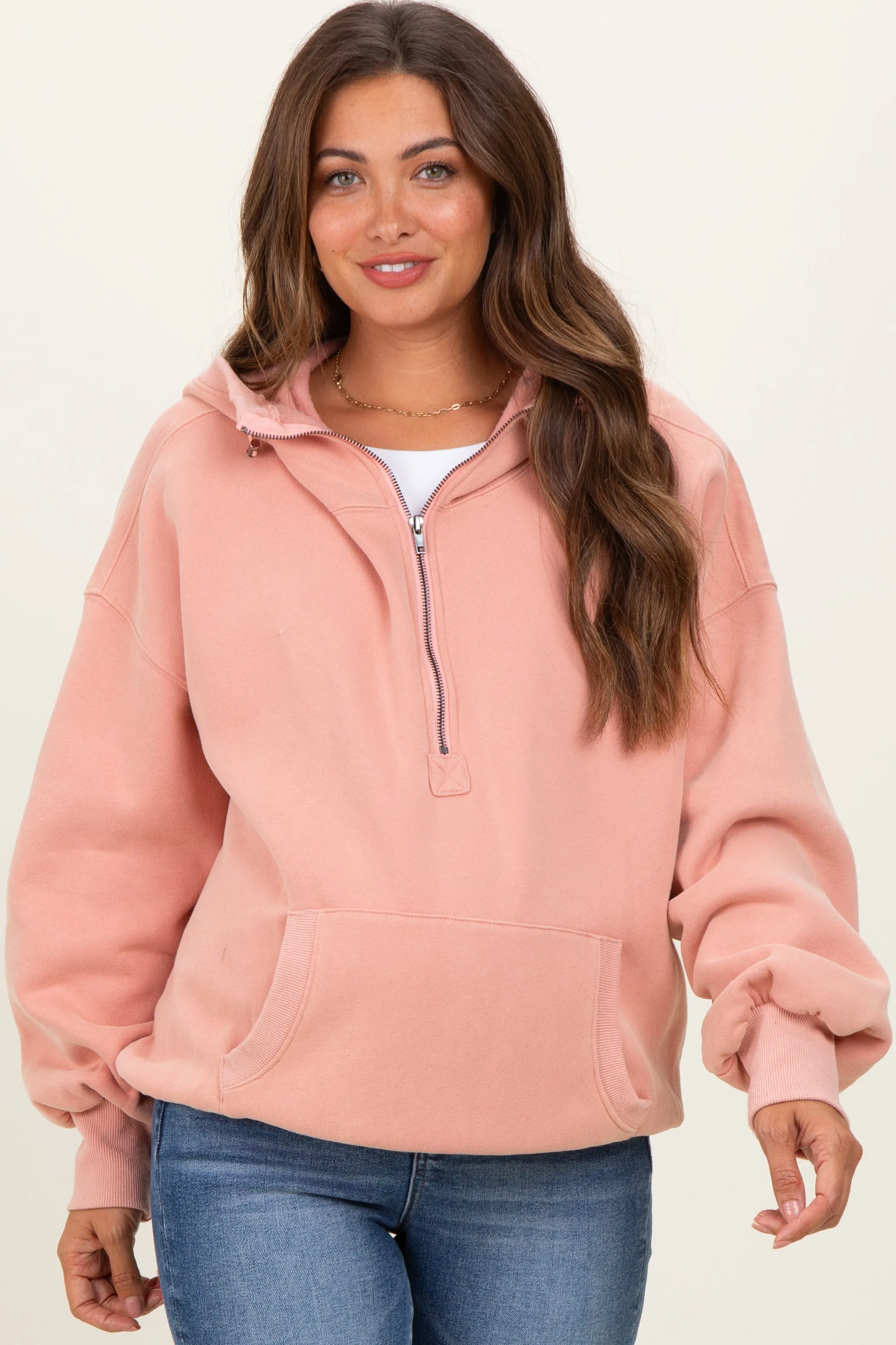 Peach Fleece Half Zip Drop Shoulder Maternity Hoodie sold by Pinkblush product image thumbnail 2