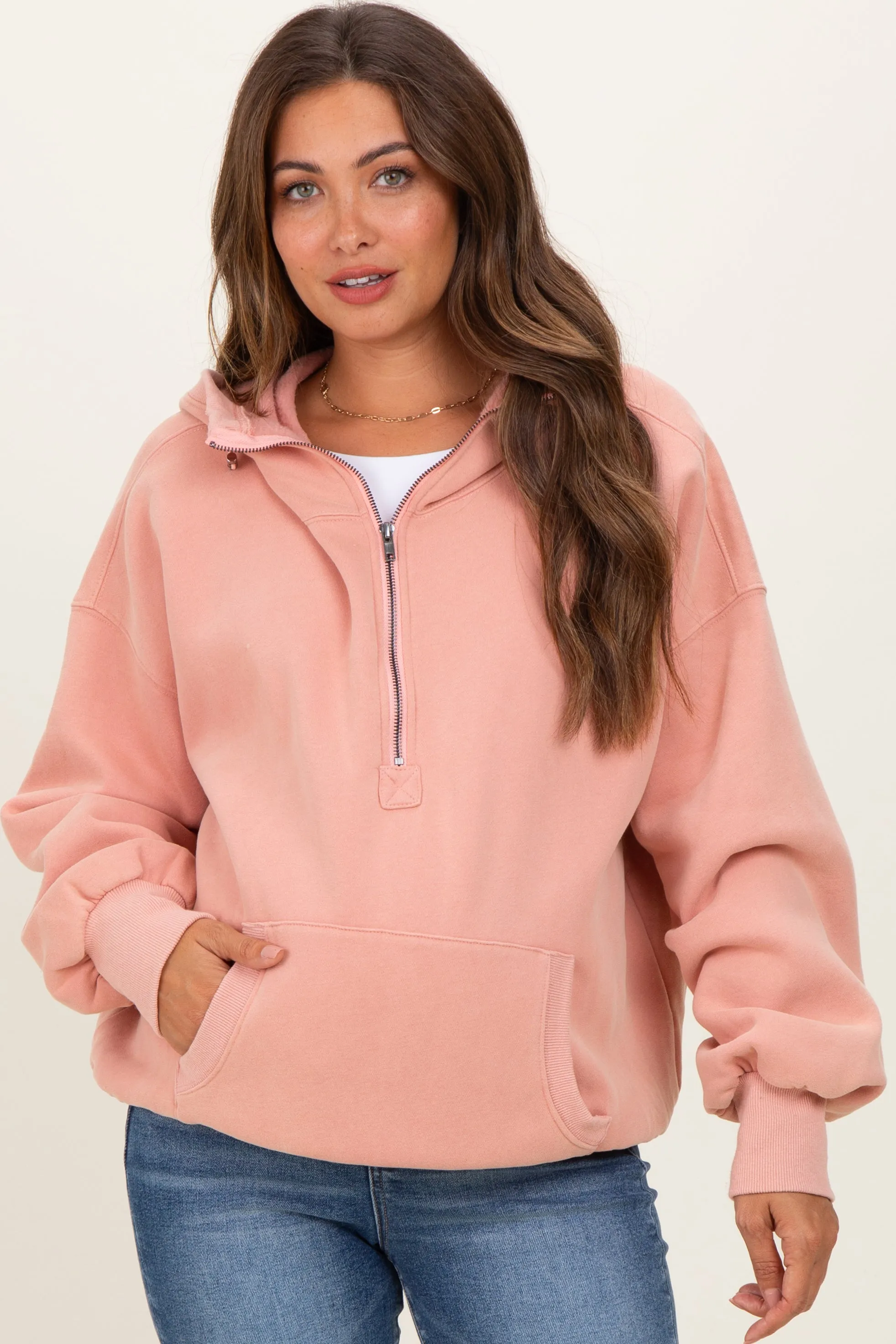 Peach Fleece Half Zip Drop Shoulder Maternity Hoodie sold by Pinkblush