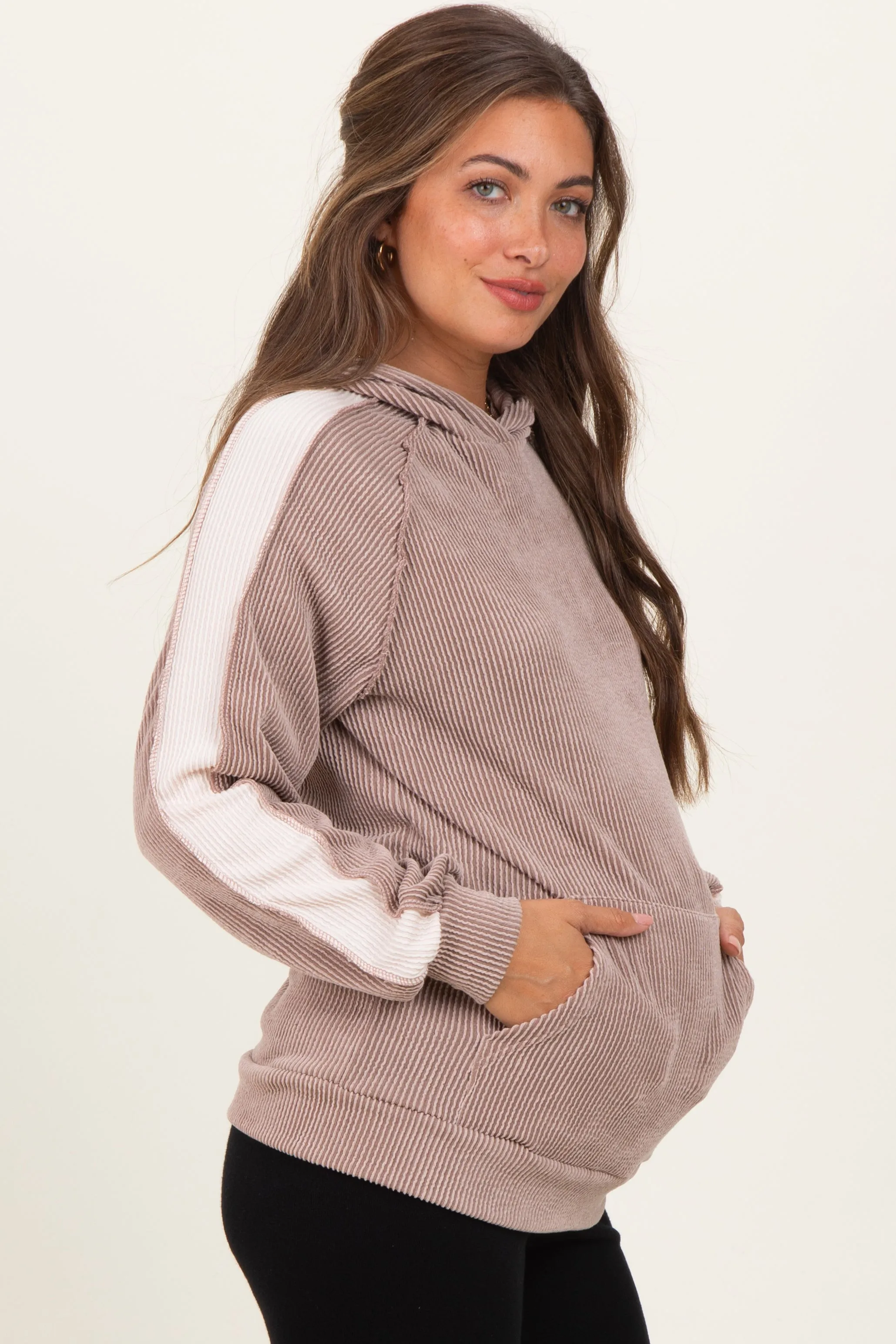 Mocha Textured Rib Colorblock Maternity Hoodie sold by Pinkblush product image thumbnail 3