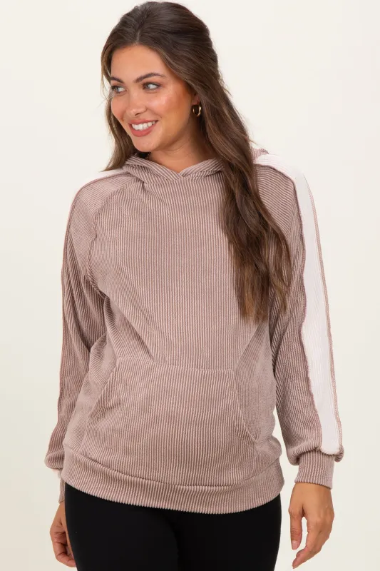 Mocha Textured Rib Colorblock Maternity Hoodie sold by Pinkblush