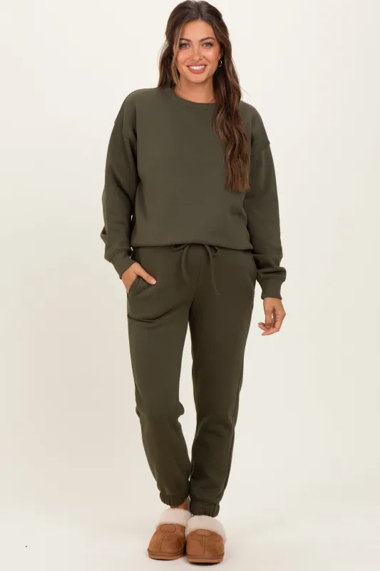 Olive Fleece Long Sleeve Maternity Pullover & Jogger Set sold by Pinkblush