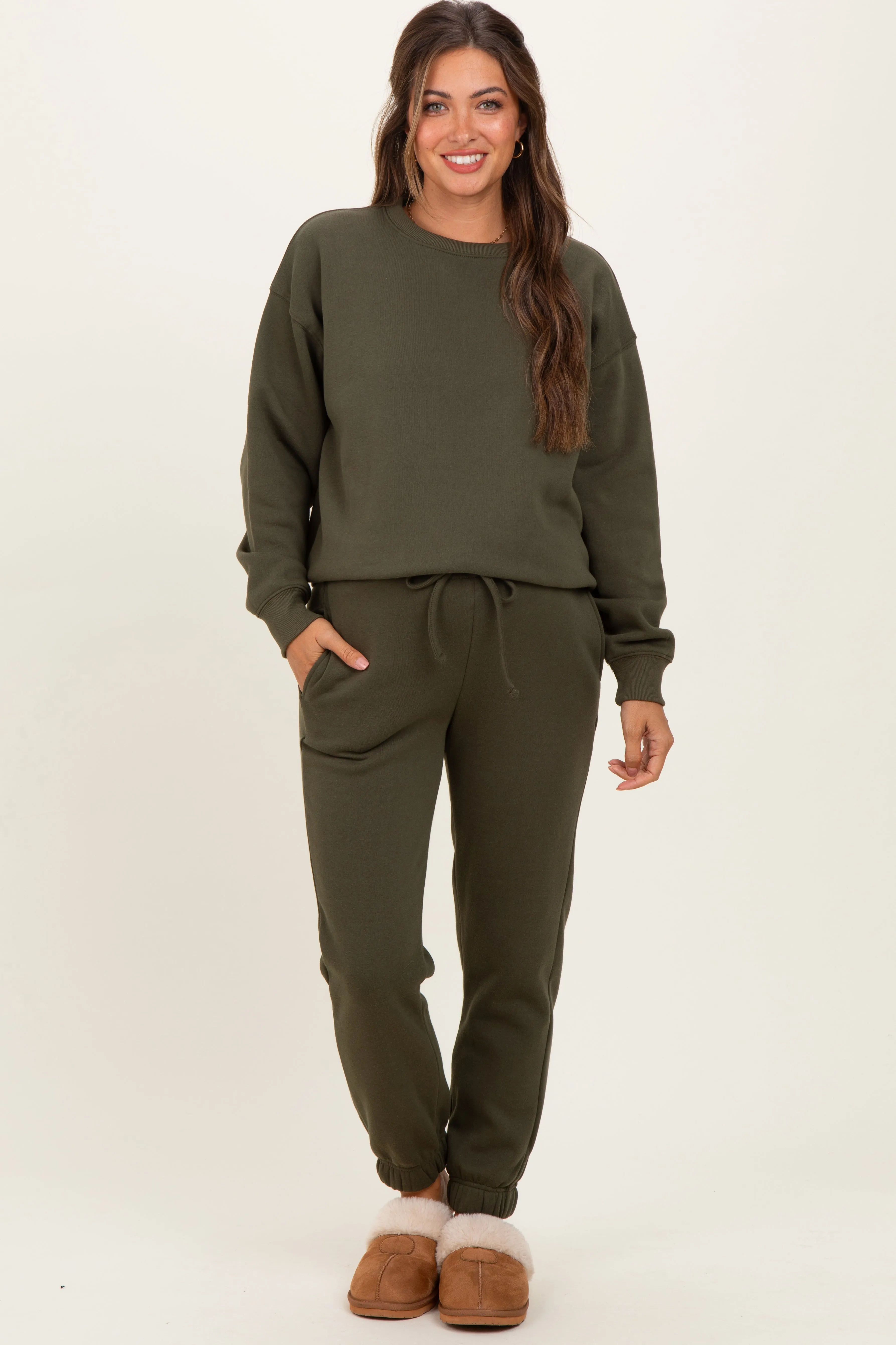 Olive Fleece Long Sleeve Maternity Pullover & Jogger Set sold by Pinkblush