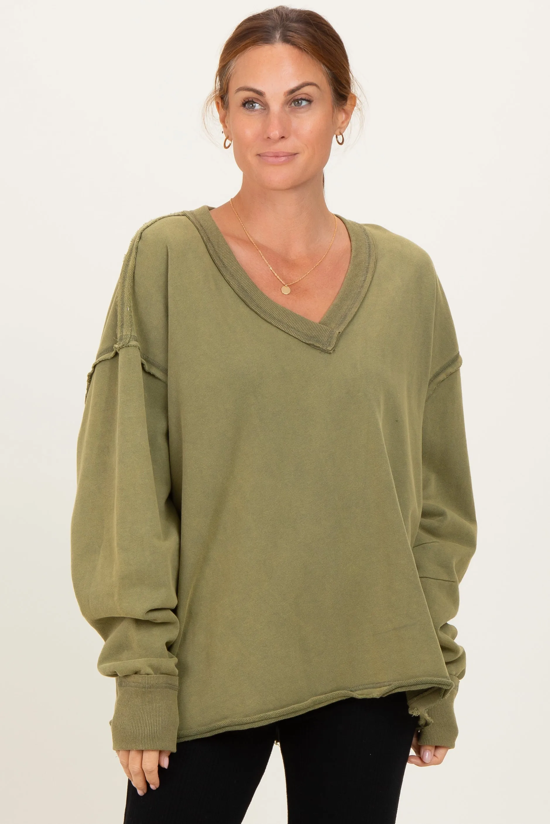 Olive Mineral Washed French Terry Oversized Maternity Sweatshirt sold by Pinkblush product image thumbnail 4