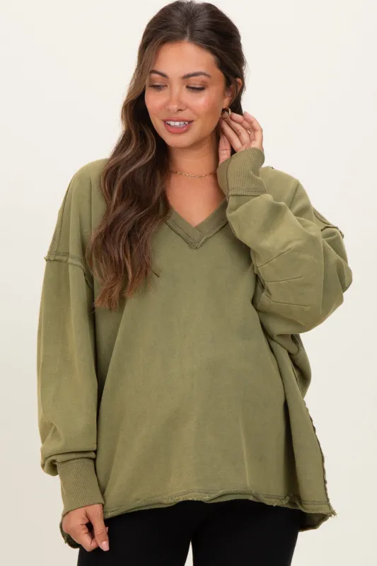 Olive Mineral Washed French Terry Oversized Maternity Sweatshirt sold by Pinkblush