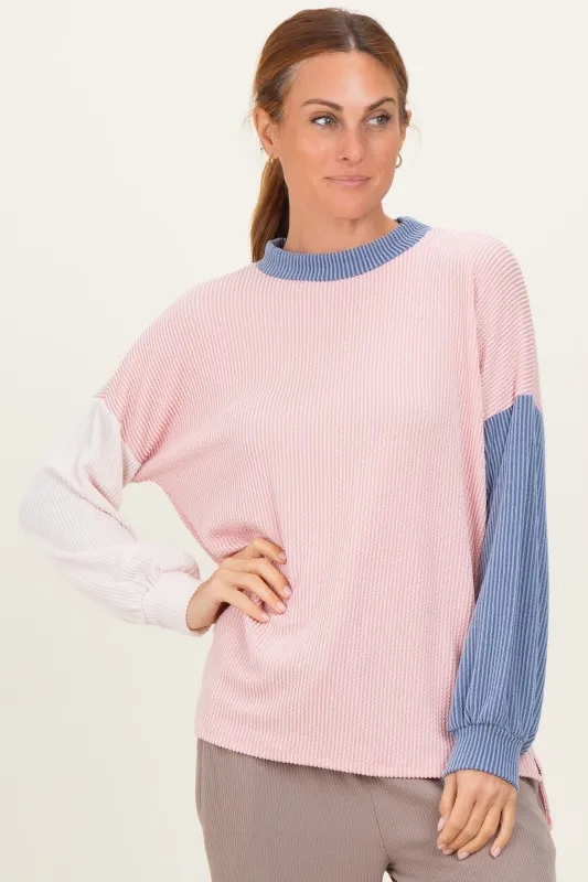 Pink Ribbed Colorblock Side Slit Top made by Pinkblush