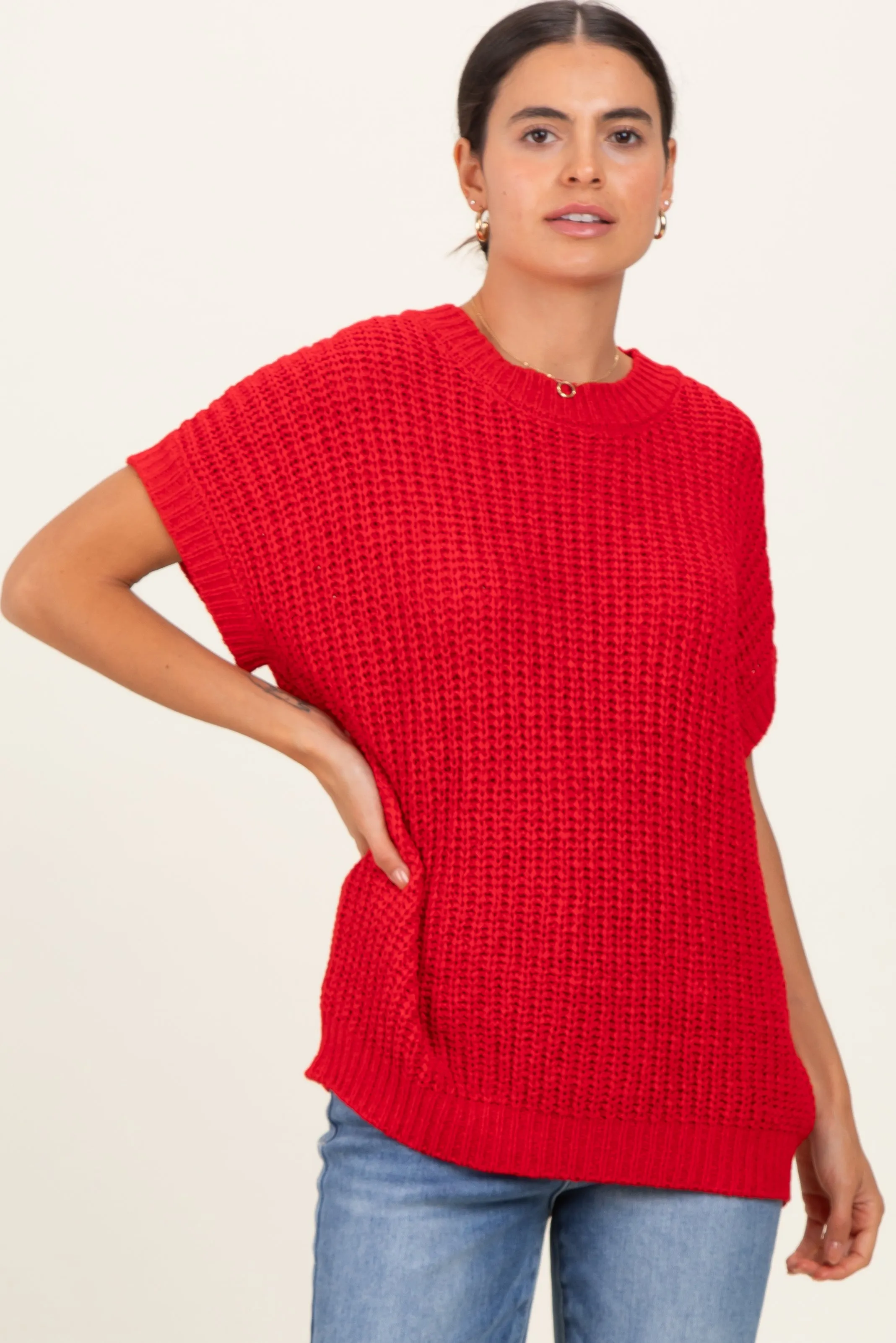 Red Short Sleeve Round Neck Sweater sold by Pinkblush product image thumbnail 2